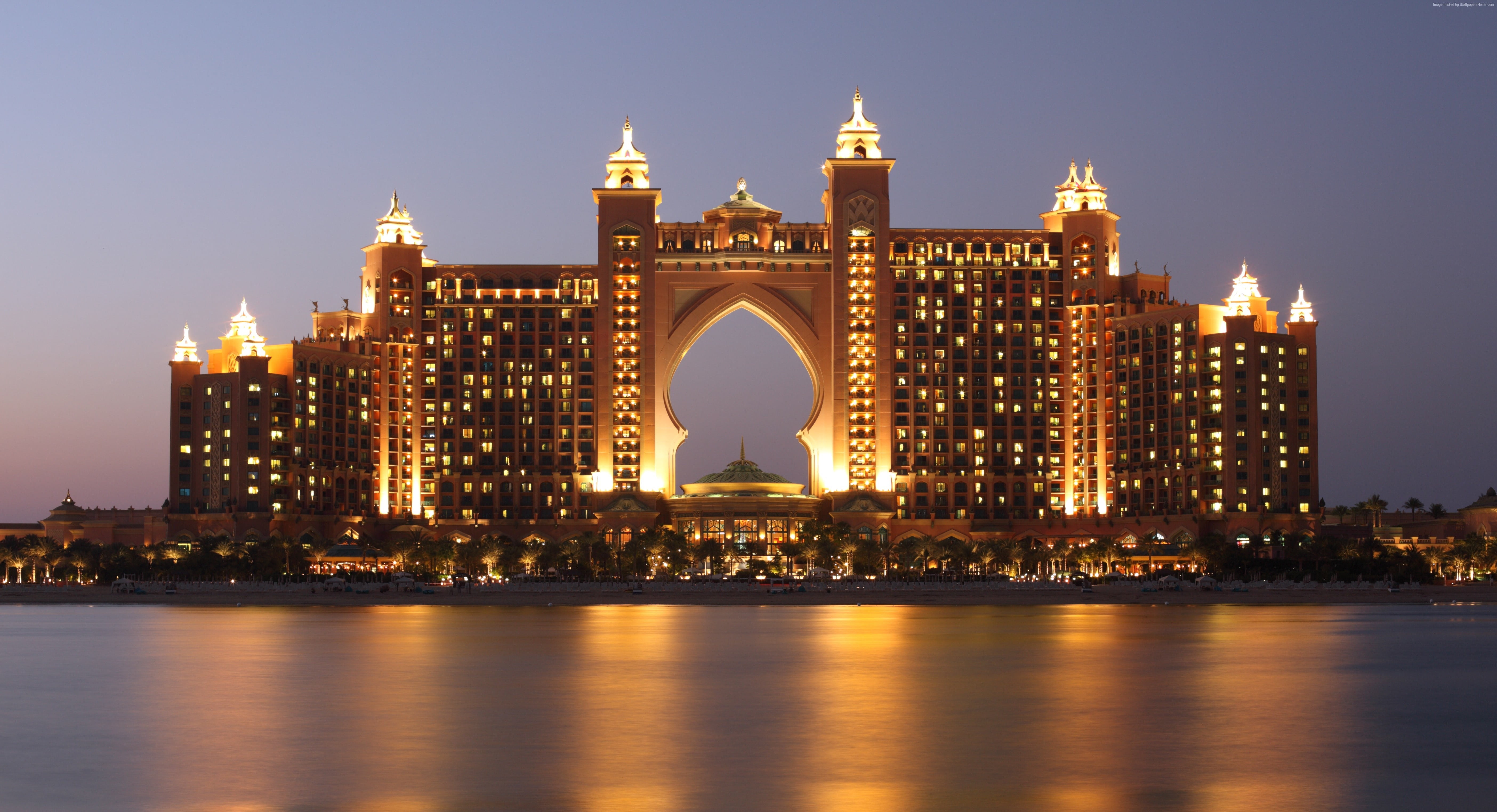 landmark, tourism, nature, illuminated, building exterior, island, resort, no people, cityscape, vacation, reflection, the palm, ocean, hotel, luxury, built structure, HD Wallpaper