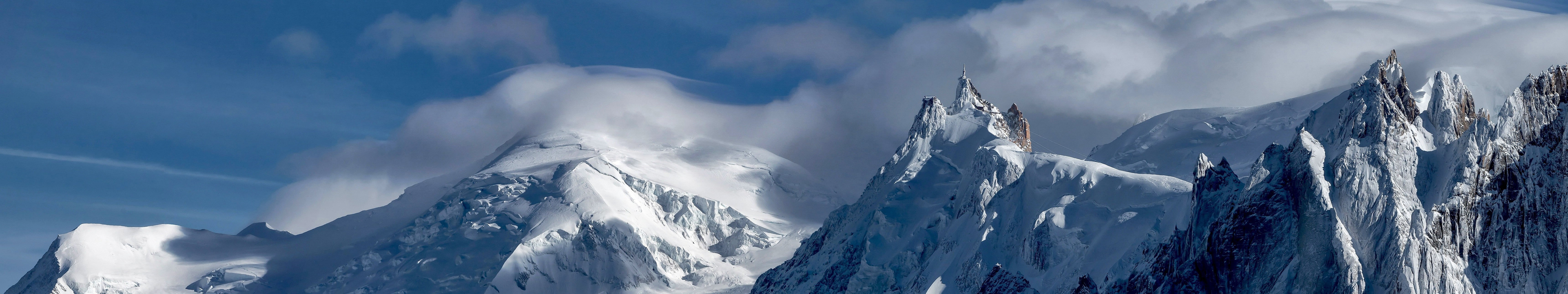 beauty in nature, mountain, white color, icicle, day, environment, mountain peak, panoramic, blue, 5K, cold temperature, outdoors, landscape, cloud - sky, HD Wallpaper