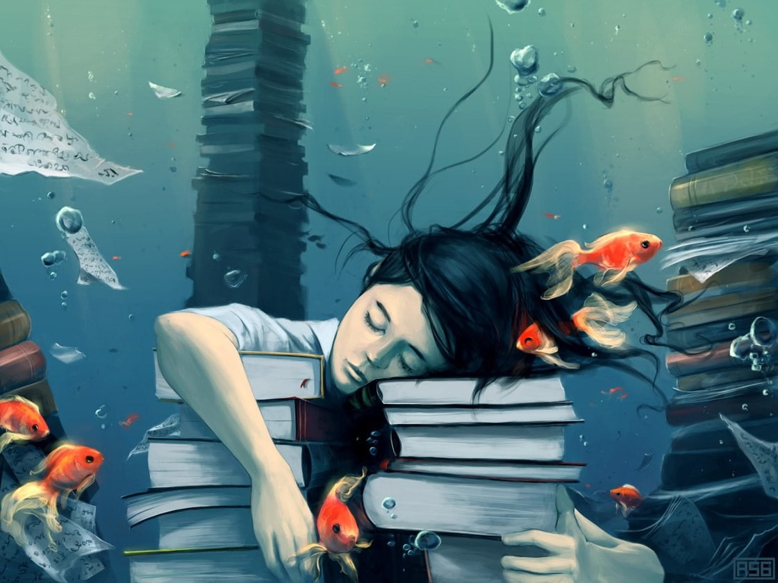 drawing, fantasy art, original characters, underwater, fantasy girl, closed eyes, 480P, fish, books, AquaSixio, psychedelic, goldfish, paper, artwork, HD Wallpaper