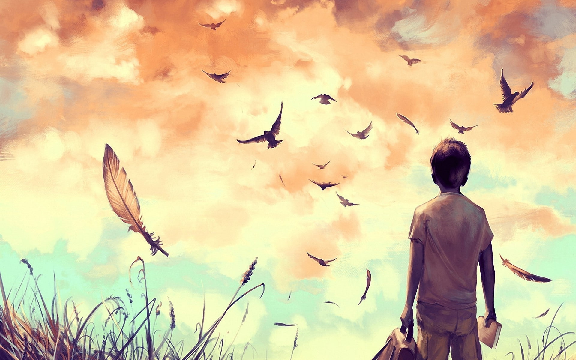 artwork, birds, children, 1080P, AquaSixio, feathers, HD Wallpaper