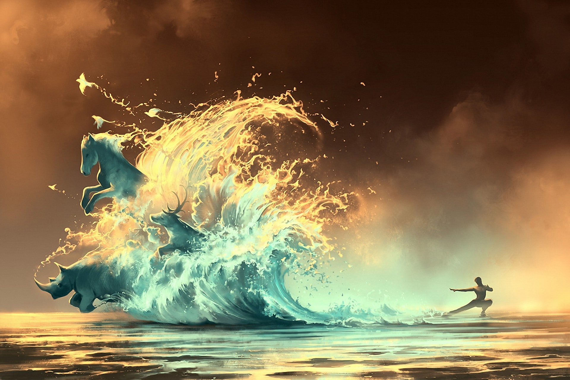 digital art, birds, horse, 1080P, animals, waves, rhino, AquaSixio, artwork, water, Avatar, fantasy art, HD Wallpaper