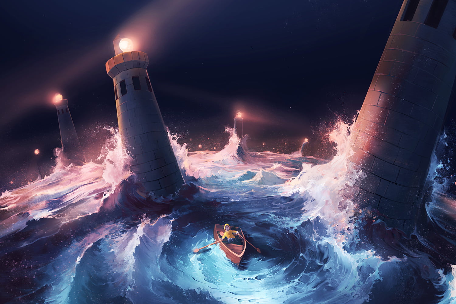 boat, dark, lighthouse, storm, 720P, AquaSixio, waves, night, stars, water, children, HD Wallpaper