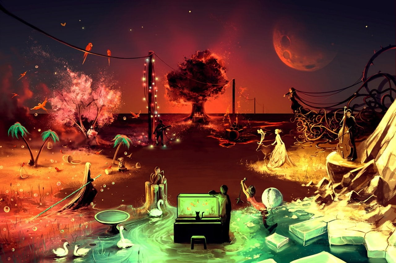 parrot, AquaSixio, cat, palm trees, artwork, Moon, swan, aquarium, musical instrument, lights, deer, power lines, 720P, HD Wallpaper
