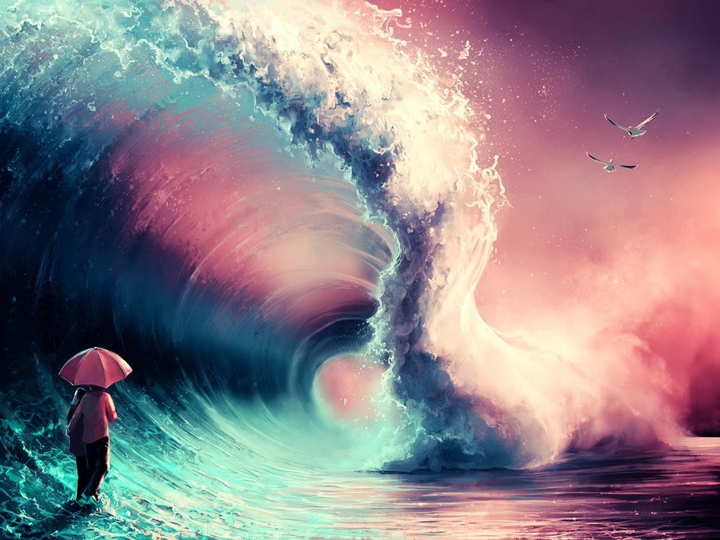 480P, sea, AquaSixio, Pink, fantasy Art, waves, Seagulls, umbrella, drawing, artwork, blue, HD Wallpaper