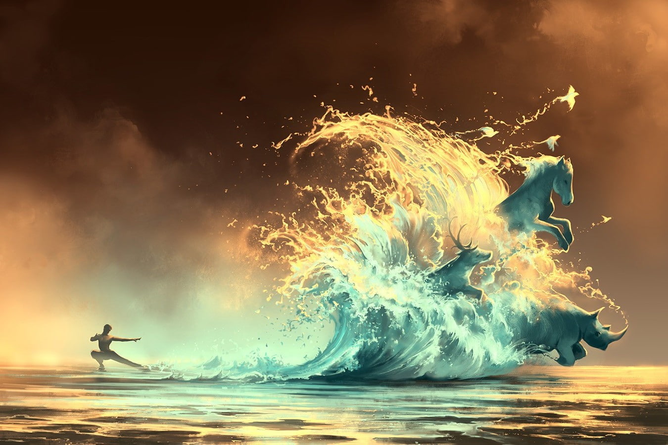 artwork, sea, Martial Arts, birds, horse, Rhino, AquaSixio, 720P, waves, animals, HD Wallpaper