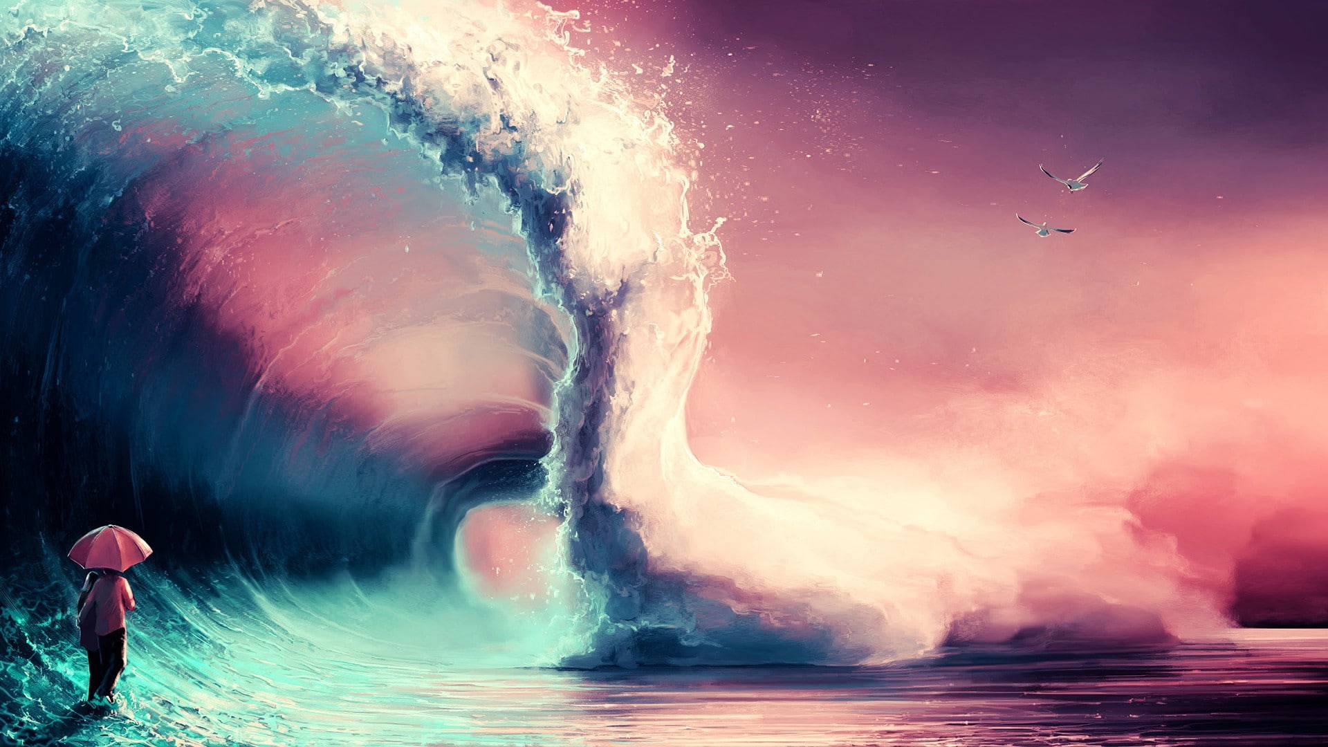 umbrella, 1080P, Seagulls, sea, waves, AquaSixio, Colorful, HD Wallpaper