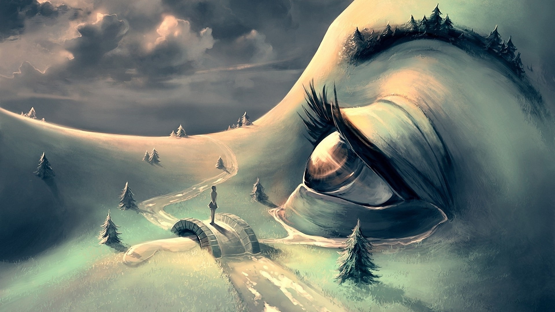 1080P, face artwork eyes bridge trees path stream clouds aquasixio, HD Wallpaper