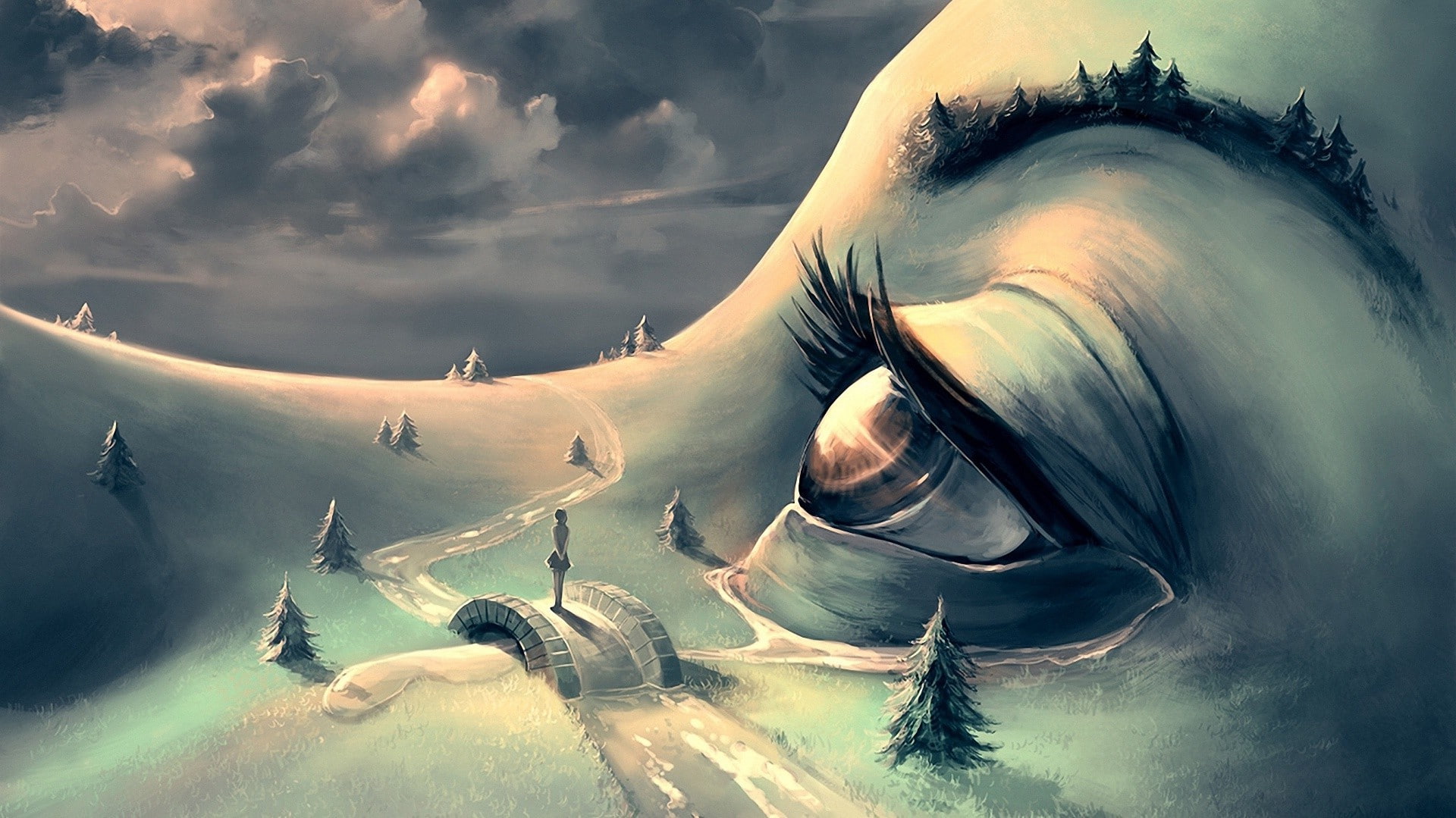 1080P, artwork fantasy art women hill forest surreal aquasixio eyes bridge, HD Wallpaper