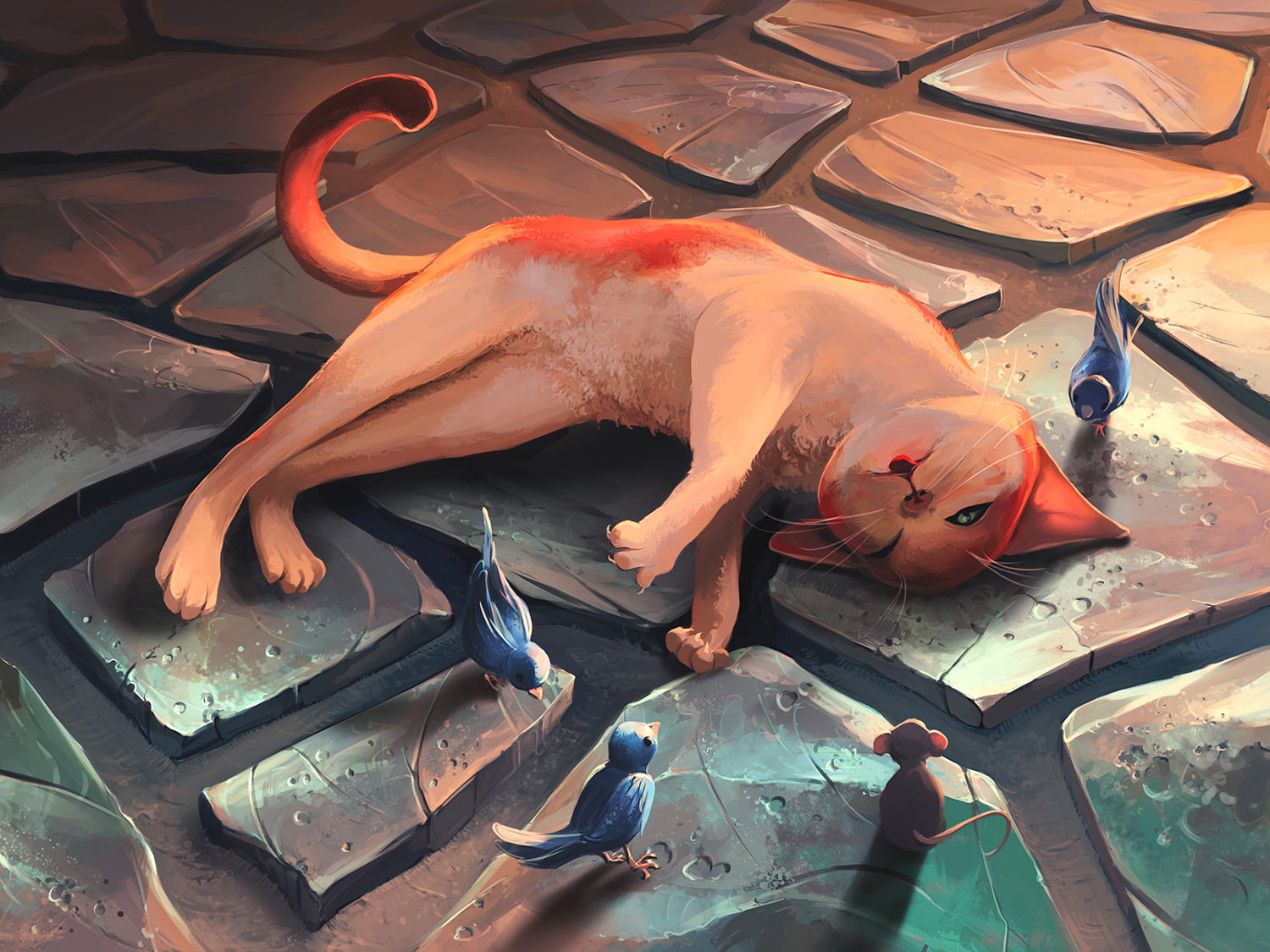 sparrow, digital art, 720P, birds, rats, drawing, artwork, tongue out, cats, AquaSixio, HD Wallpaper