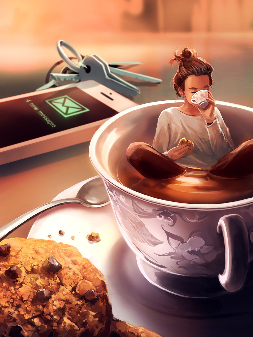 biscuit, brunette, portrait display, drinking, cookies, drawing, artwork, cup, keys, digital art, women, tea, 720P, AquaSixio, drink, Phone HD Wallpaper