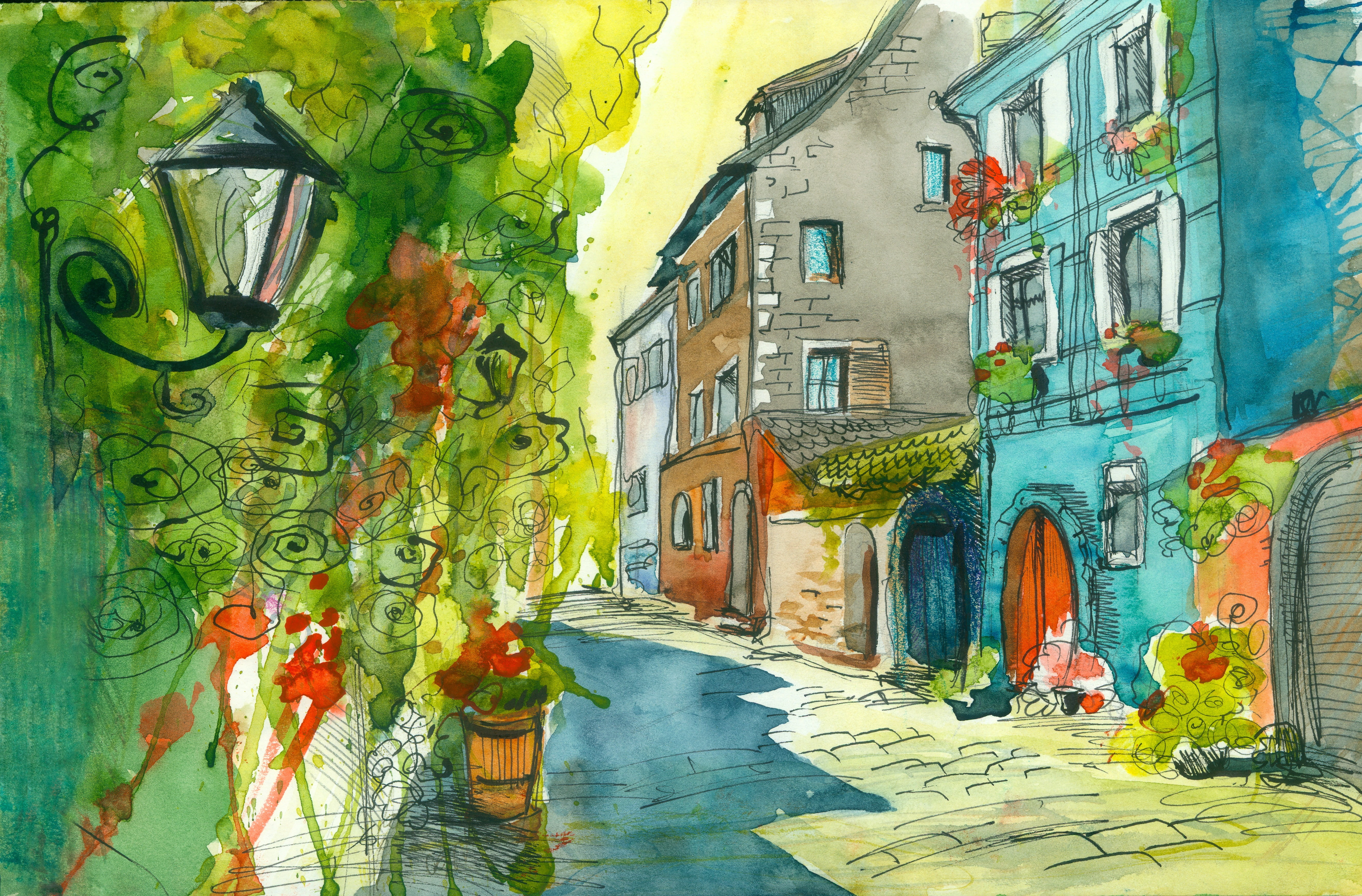 cultures, building, famous Place, lantern, multi Colored, art and craft, flowers, architecture, decoration, urban Scene, street, residential district, watercolor painting, HD Wallpaper