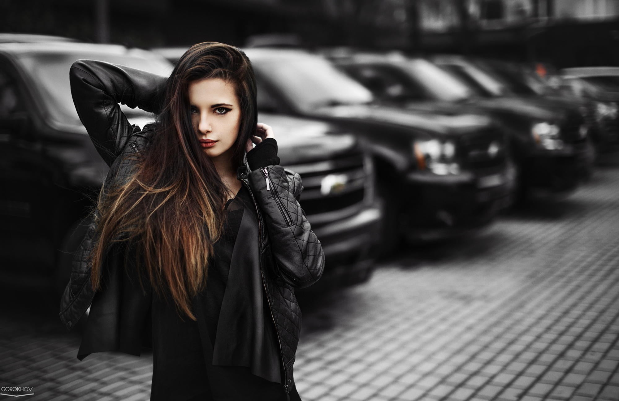 back, fashion, hand, young adult, Ivan Gorokhov, women with cars, juicy lips, hairstyle, black clothing, looking at viewer, beautiful woman, women, hair, HD Wallpaper