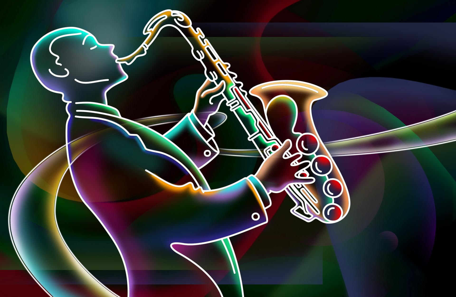 3d and abstract, nice, saxophone, neon, 1080P, music, HD Wallpaper