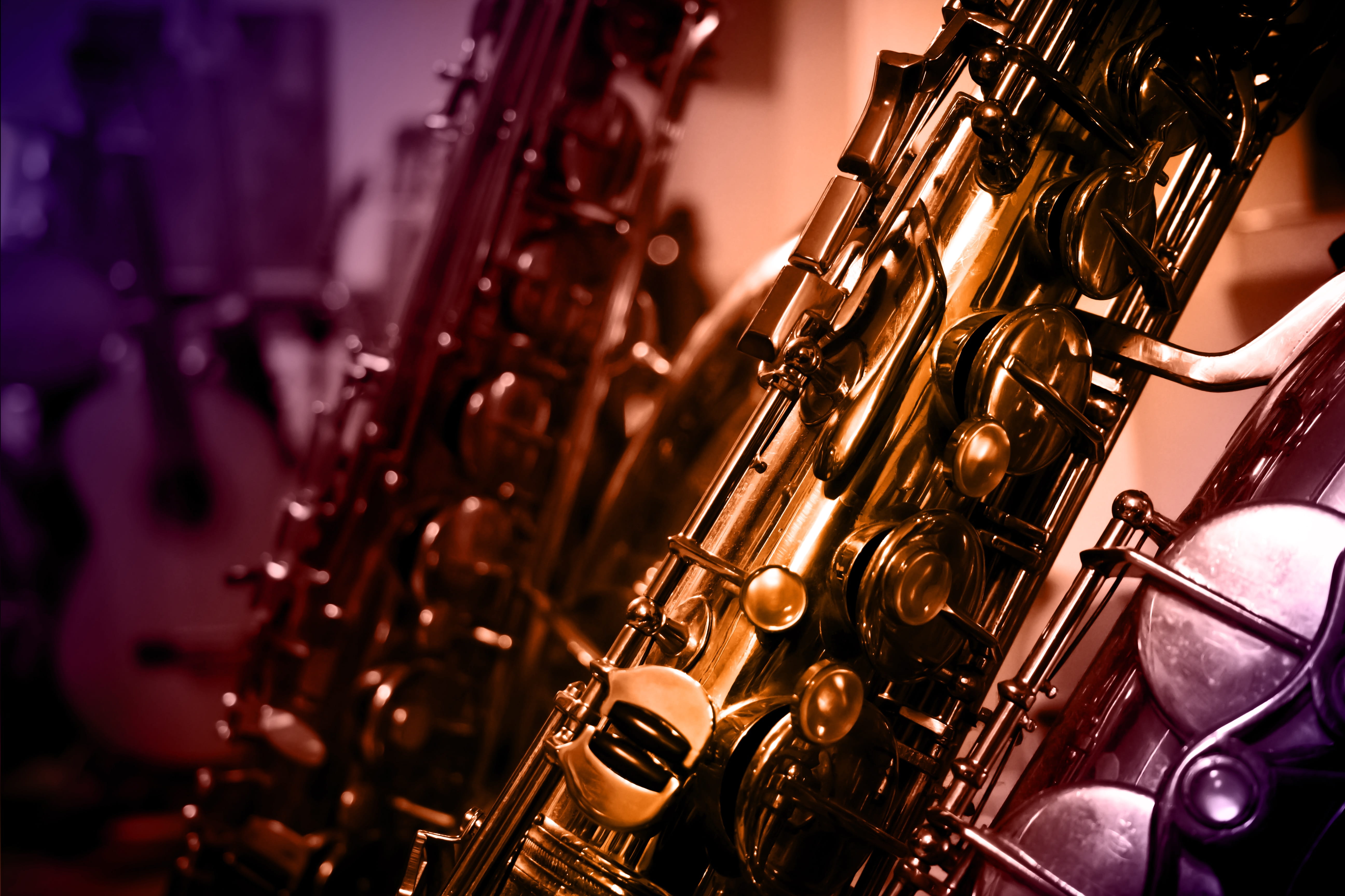 indoors, no people, focus on foreground, in a row, gold colored, wind instrument, entertainment, classical music, close, design, nightlife, instrument, HD Wallpaper