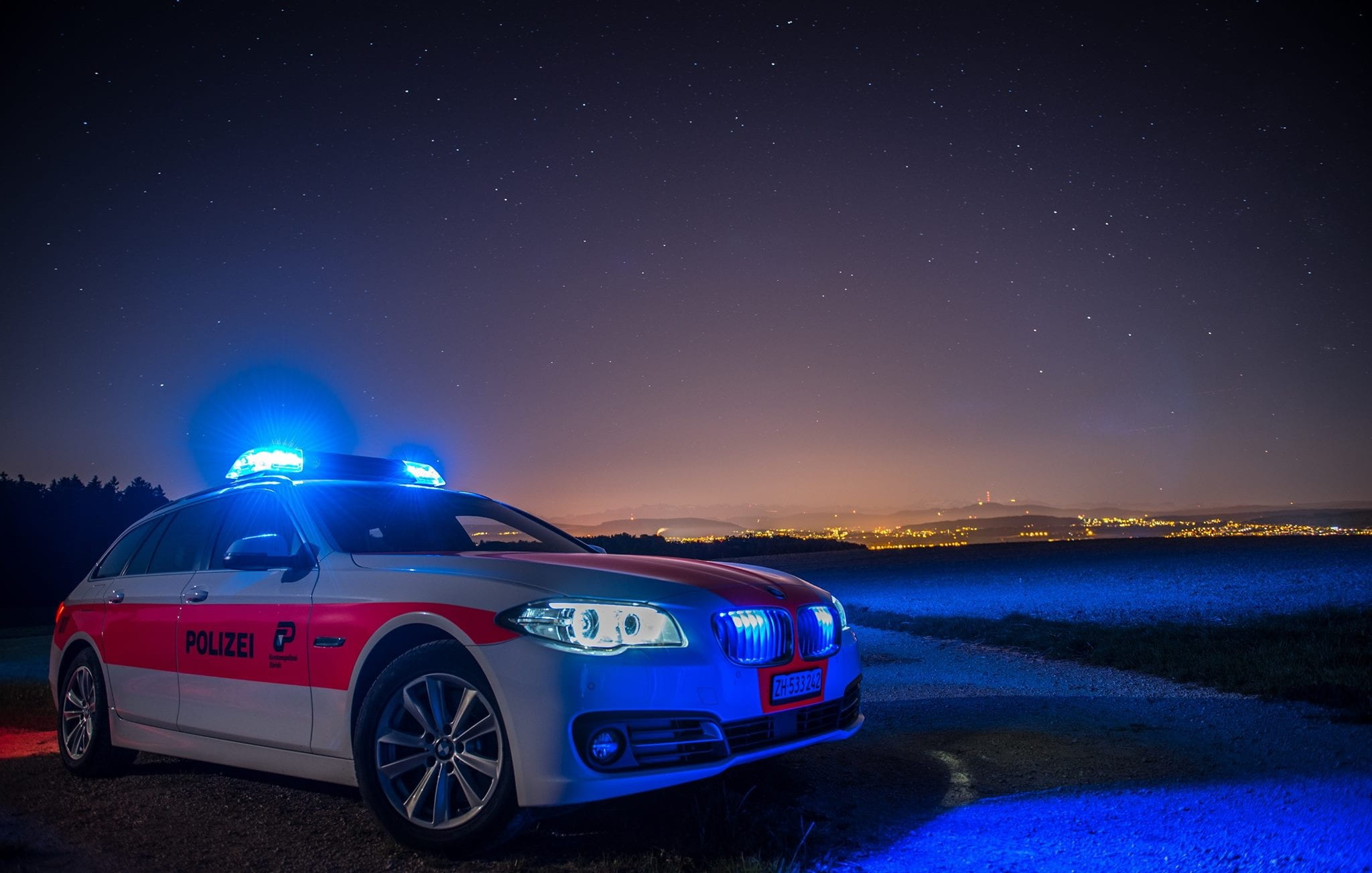 bmw, vehicles, scenics - nature, nature, sky, police car, zurich cantonal police, patrol car, night, galaxy, car, space, blue light, bill, science, motor vehicle, HD Wallpaper