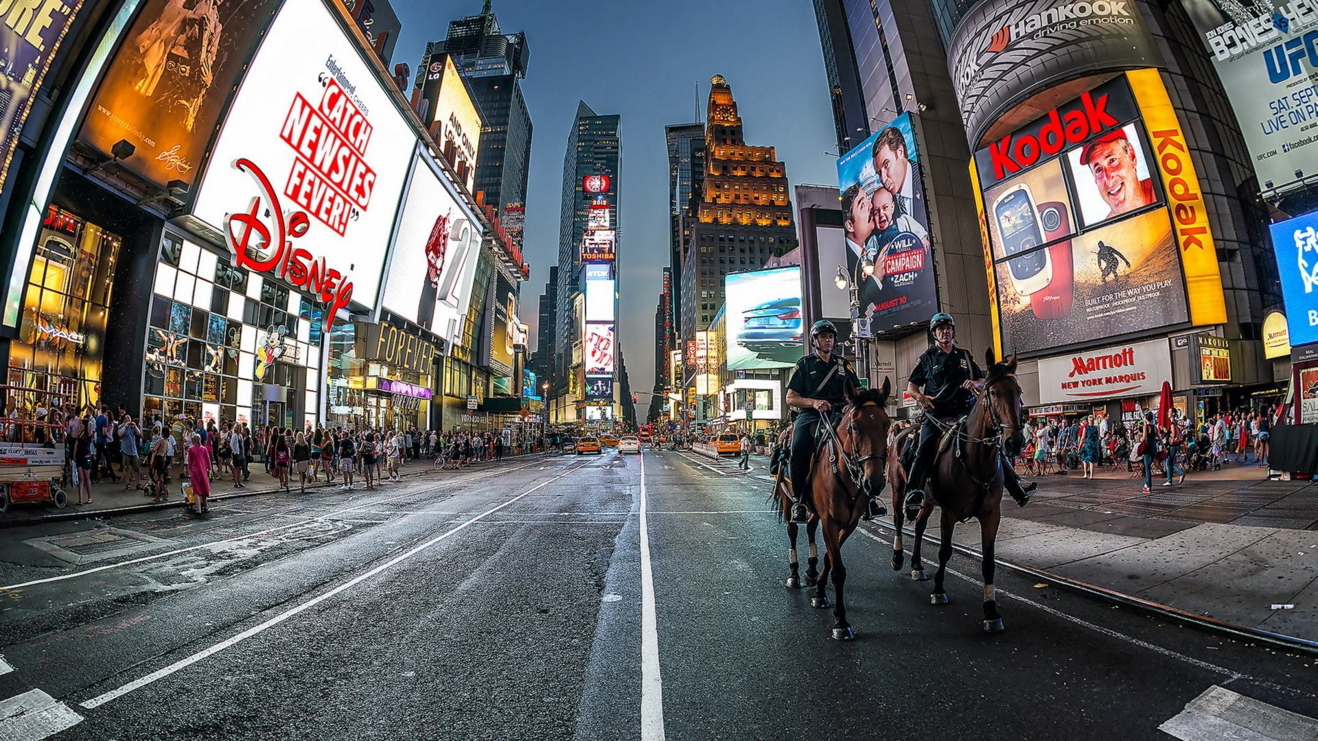 night, riding, skyscrapers, road, street, police, new, city, york, times, 1080P, people, patrol, square, hdr, horseback, lights, HD Wallpaper