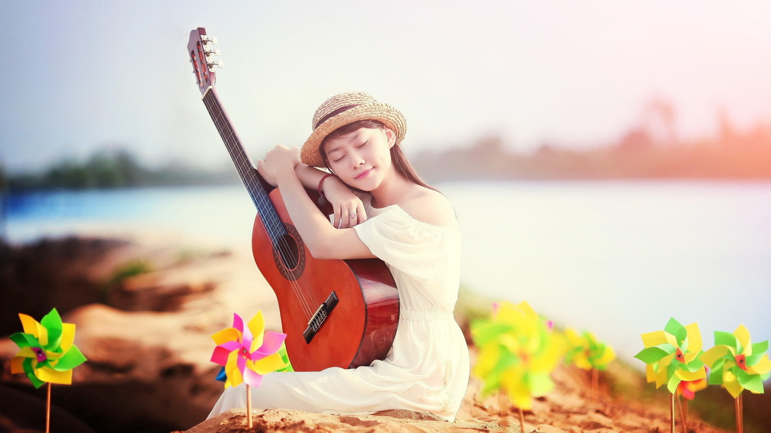 girls, Woman, guitar, 4k pics, 2K, 2560x1440, playing, the, HD Wallpaper
