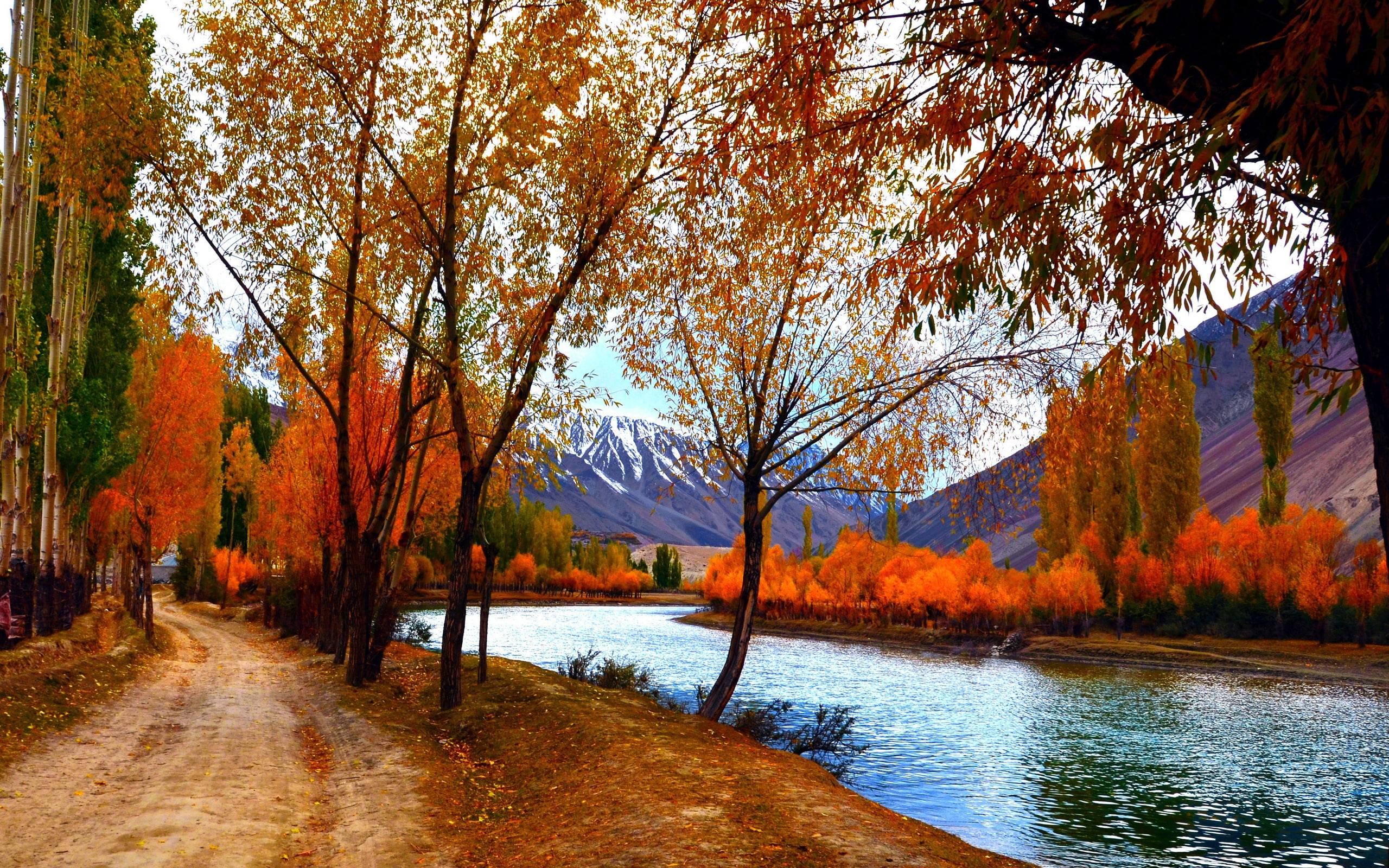 Scenery, Red, 2K, Leaves, Autumn, Path, Mountains, Trees, Lake, HD Wallpaper