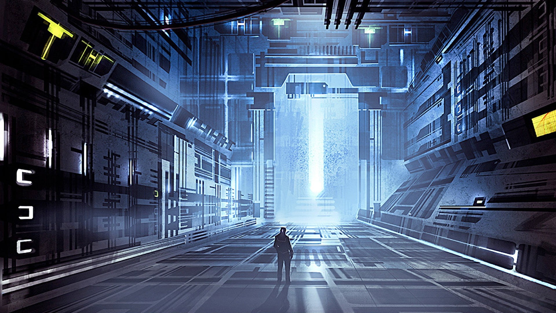 buildings, ray, x, hangar, art, men, hd, fantasy, abstract, 1080P, Futuristic, science, beams, fiction, HD Wallpaper