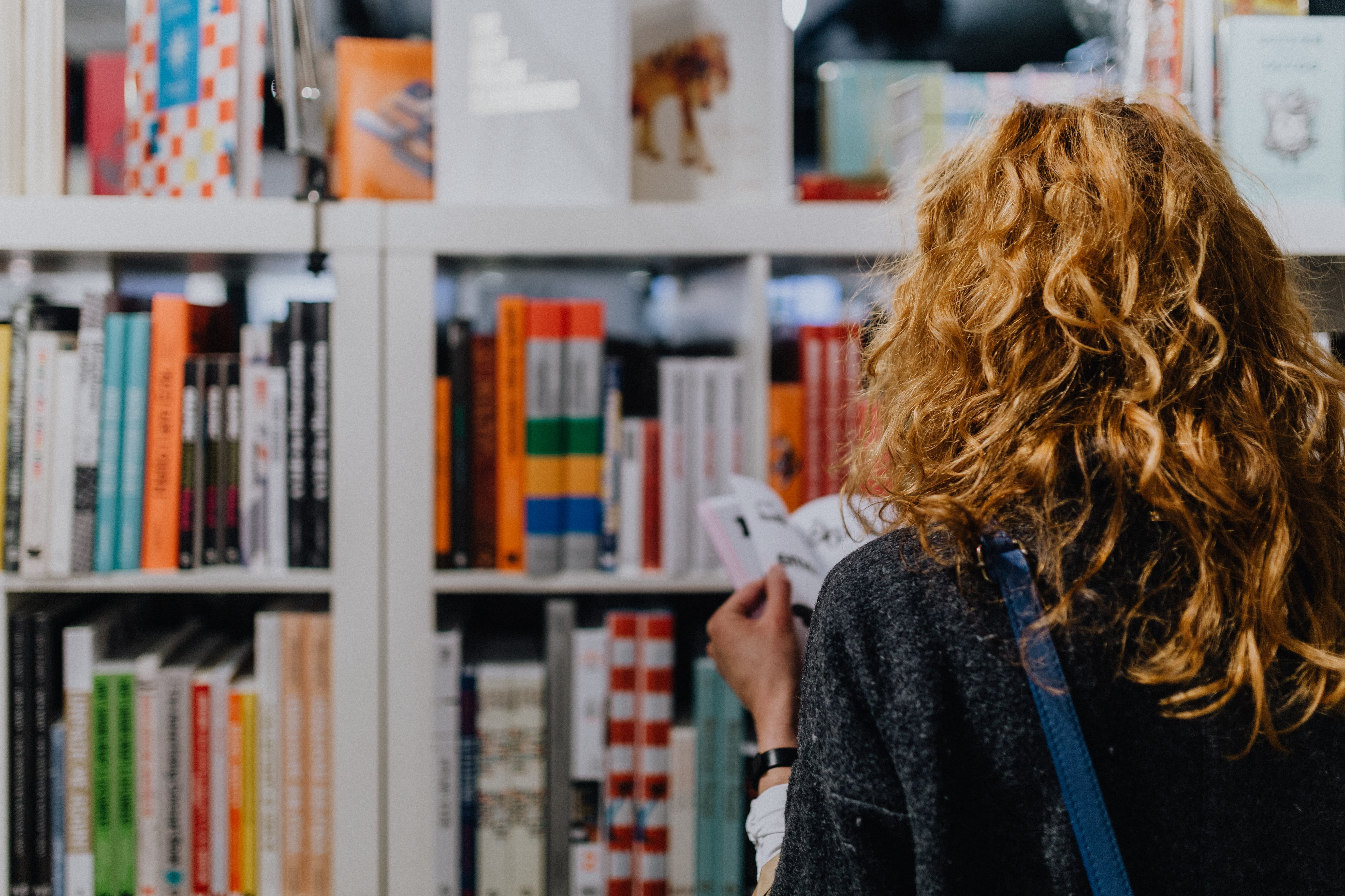 adult, 5K, shop, choice, long hair, library, indoors, many, brown hair, books, book, publication, rear view, reader, literature, women, hairstyle, bookshelf, HD Wallpaper