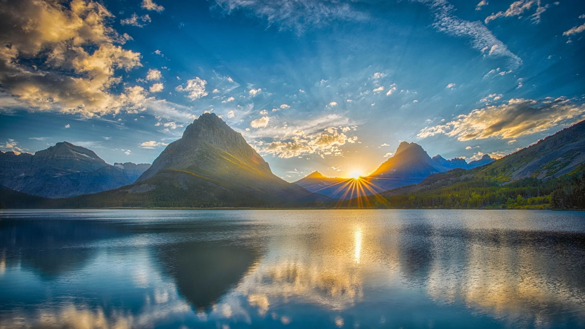 mountains, sun rays, sunset, landscape, lake, 1080P, HD Wallpaper