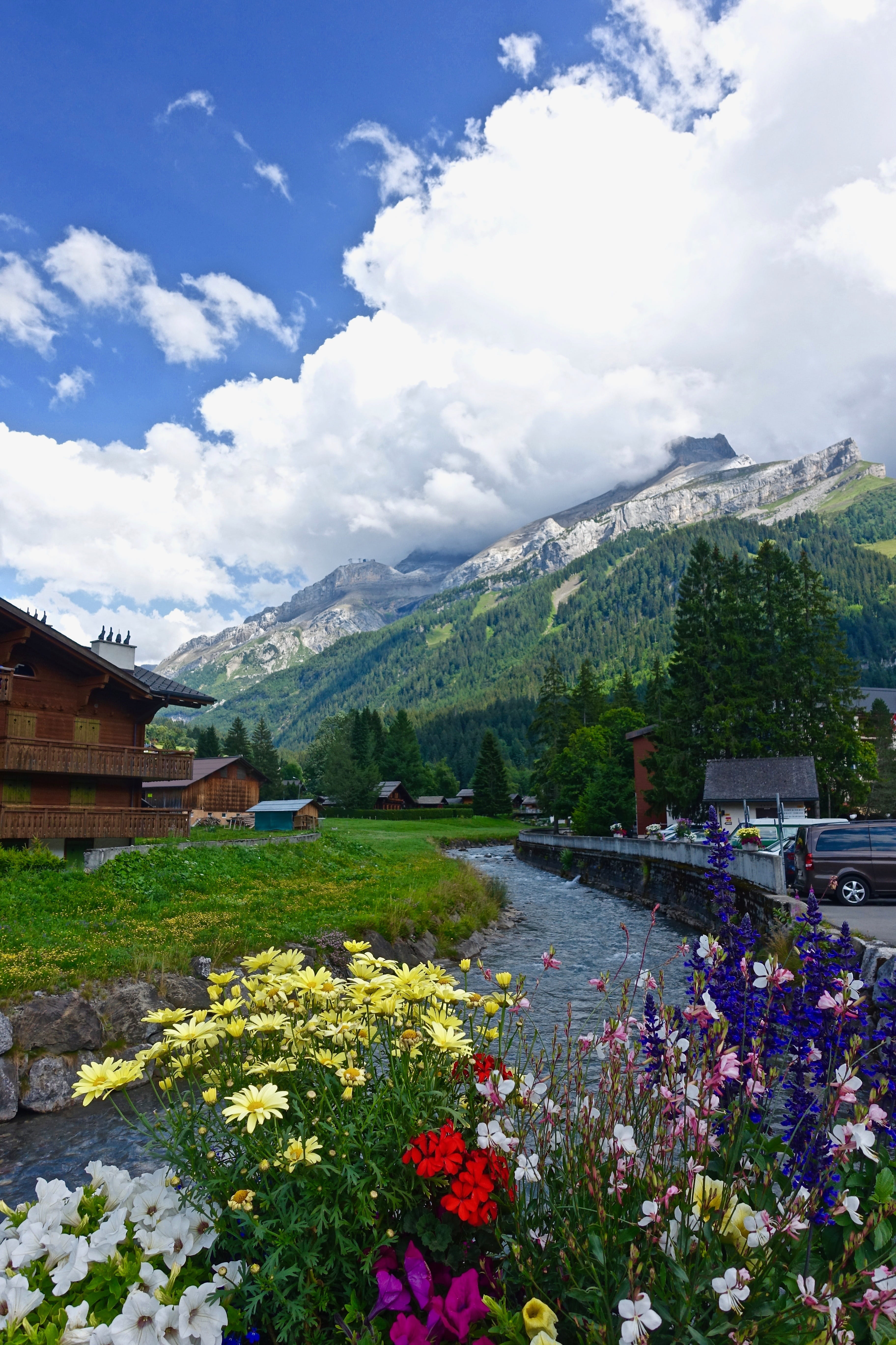 alps, mountain range, architecture, lake, flowering plant, flowers, green, flower, sky, summer, nature, mountain, travel, outdoors, built structure, water, Phone HD Wallpaper