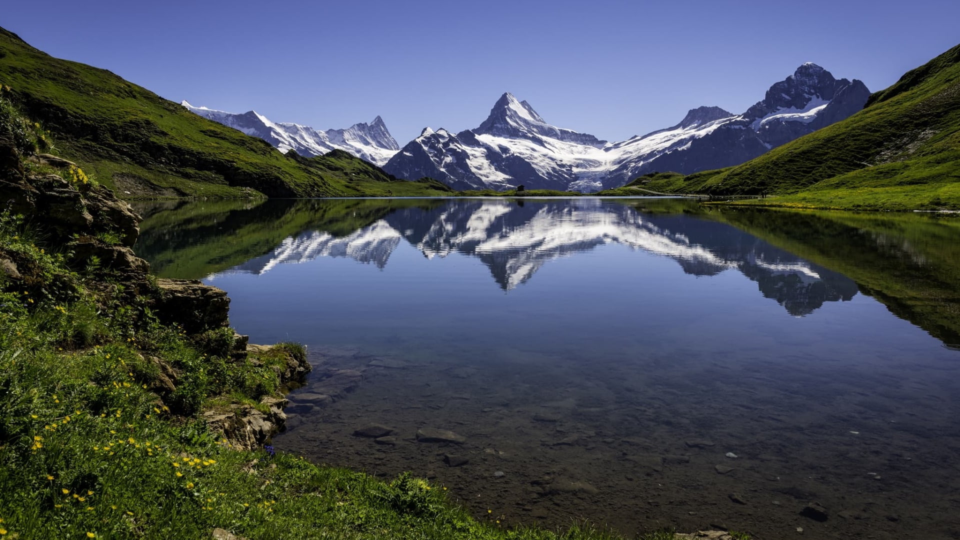lake bachalpsee, jungfrau, mountain, glacial lake, mountain range, 1080P, mount scenery, highland, mountain lake, wilderness, bachsee, grindelwald, tarn, HD Wallpaper