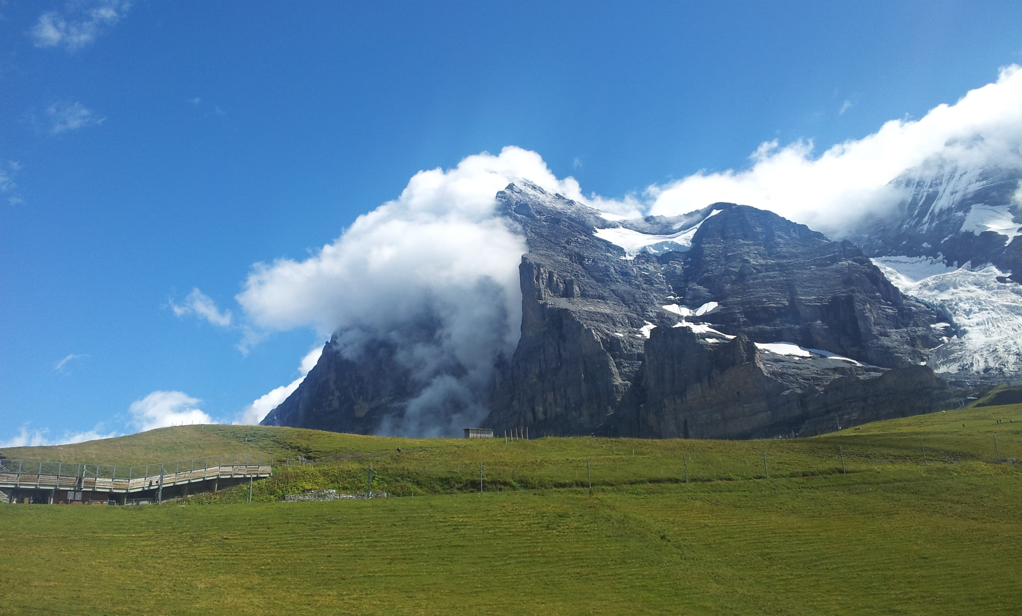 environment, outdoors, mountains, scenics, power in nature, grindelwald, grass, nature, sky, wind, North Face, cloud - sky, kleine scheidegg, wengen, snowcapped mountain, HD Wallpaper