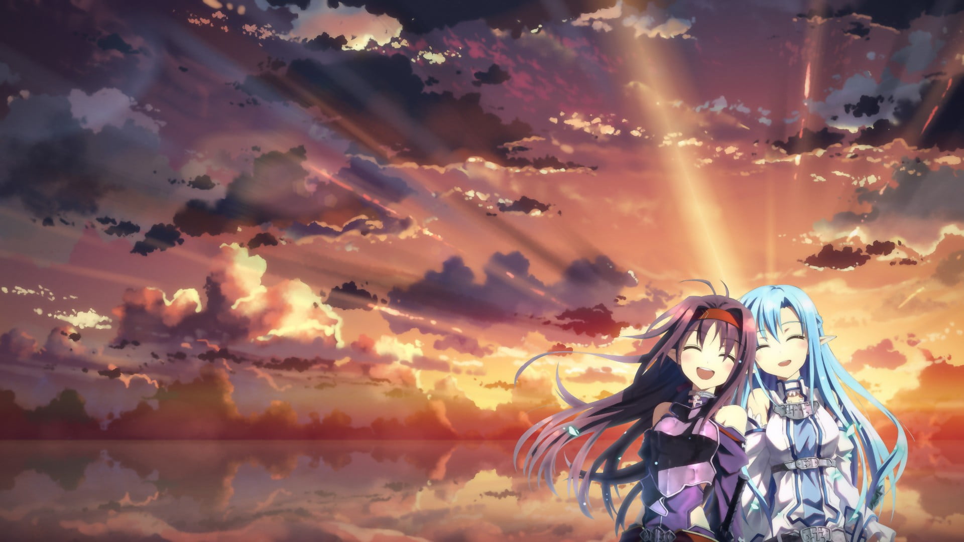 haired, 1080P, women, sunset, sky, standing, Sword Art Online, one person, nature, beauty in nature, sunlight, orange color, digital composite, outdoors, HD Wallpaper