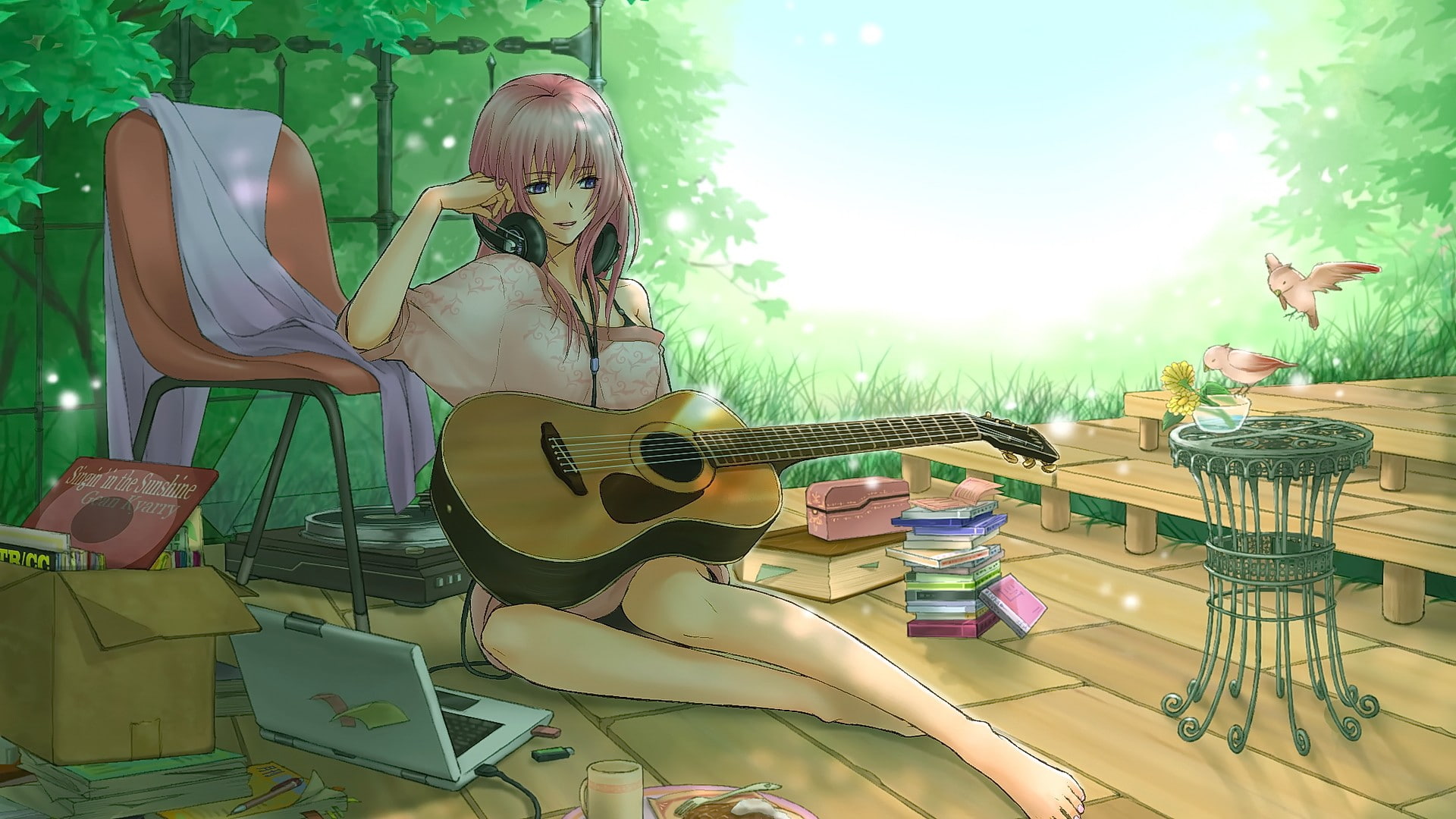 headphones, young women, musical equipment, music, anime, real people, women, seat, holding, lifestyles, acoustic guitar, hairstyle, 1080P, young adult, HD Wallpaper