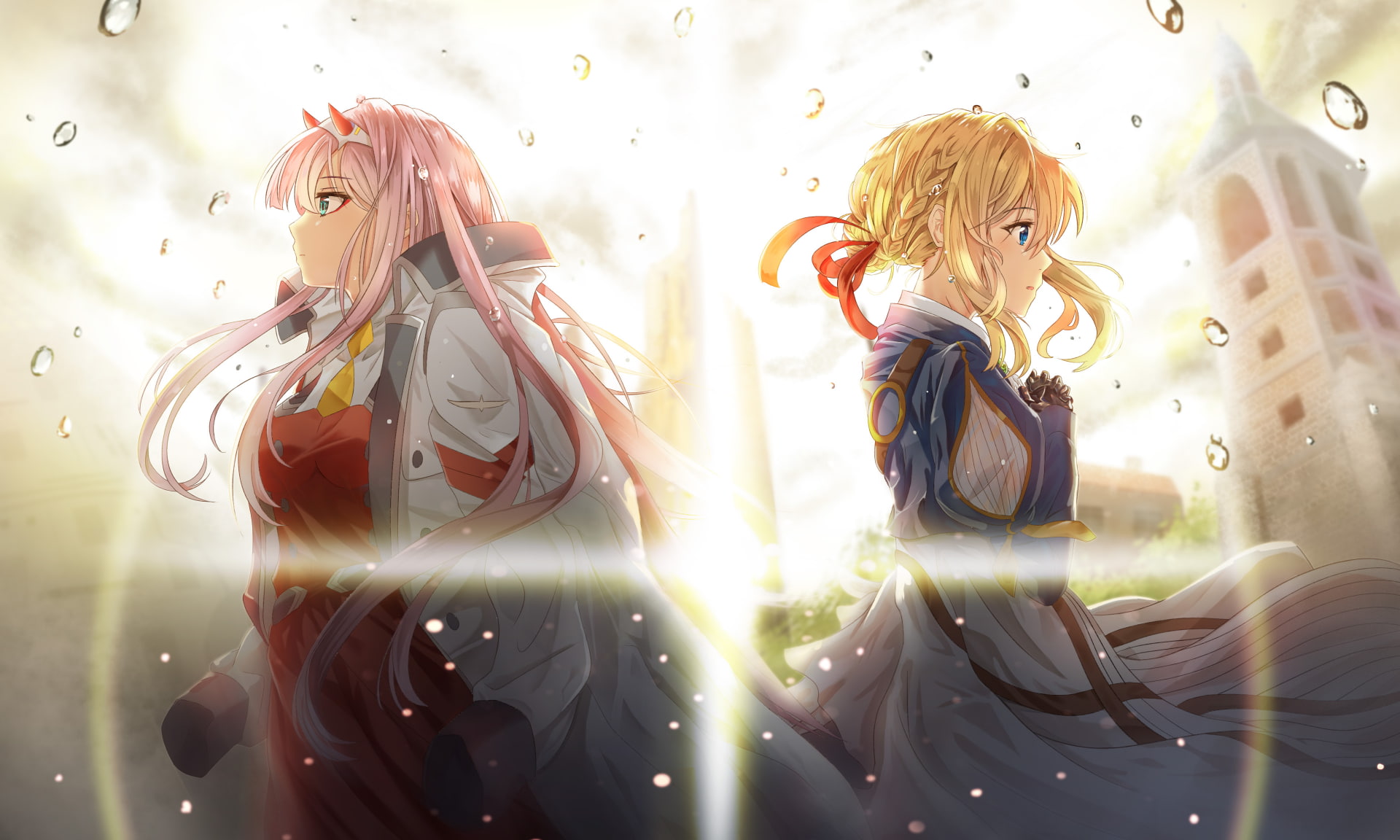 Darling in the FranXX, Zero Two (Darling in the FranXX), Violet Evergarden, anime girls, crossover, 1080P, pink hair, HD Wallpaper