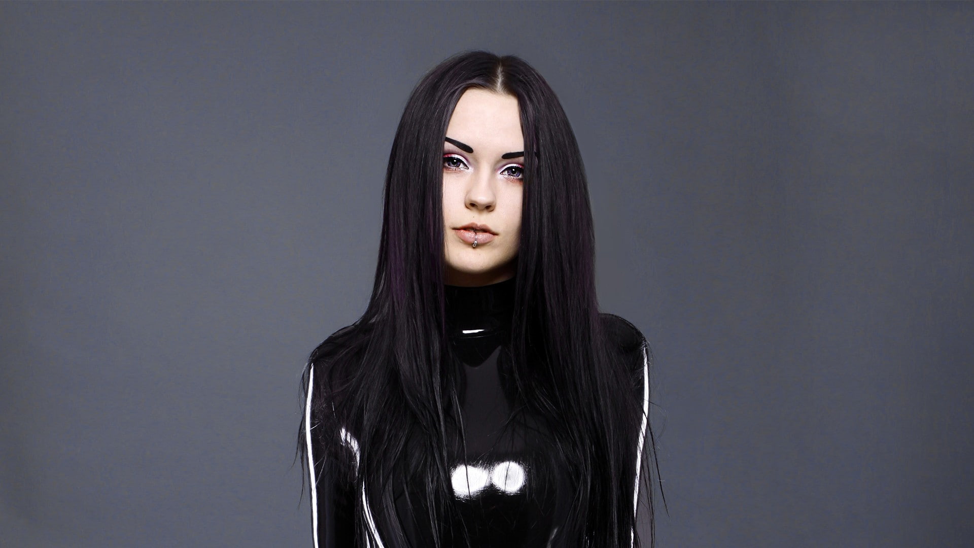 catsuit, Pierced Lips, catsuits, violet eyes, 1080P, women, dark hair, latex, black outfits, BloodViktoria, HD Wallpaper