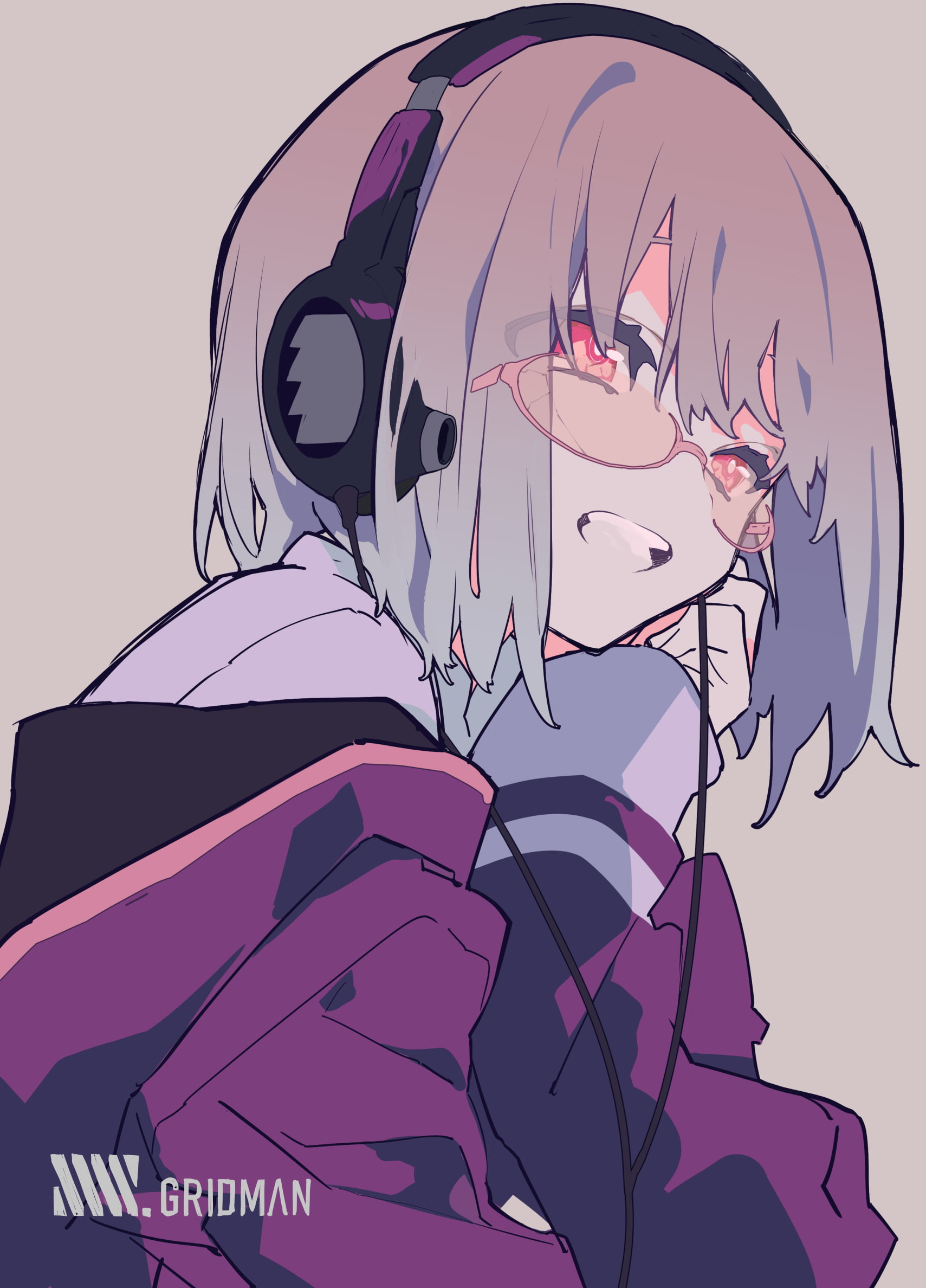 smiling, headphones, violet hair, pink eyes, anime girls, simple background, women with glasses, 1080P, SSSS.GRIDMAN, Akane Shinjou, short hair, Phone HD Wallpaper