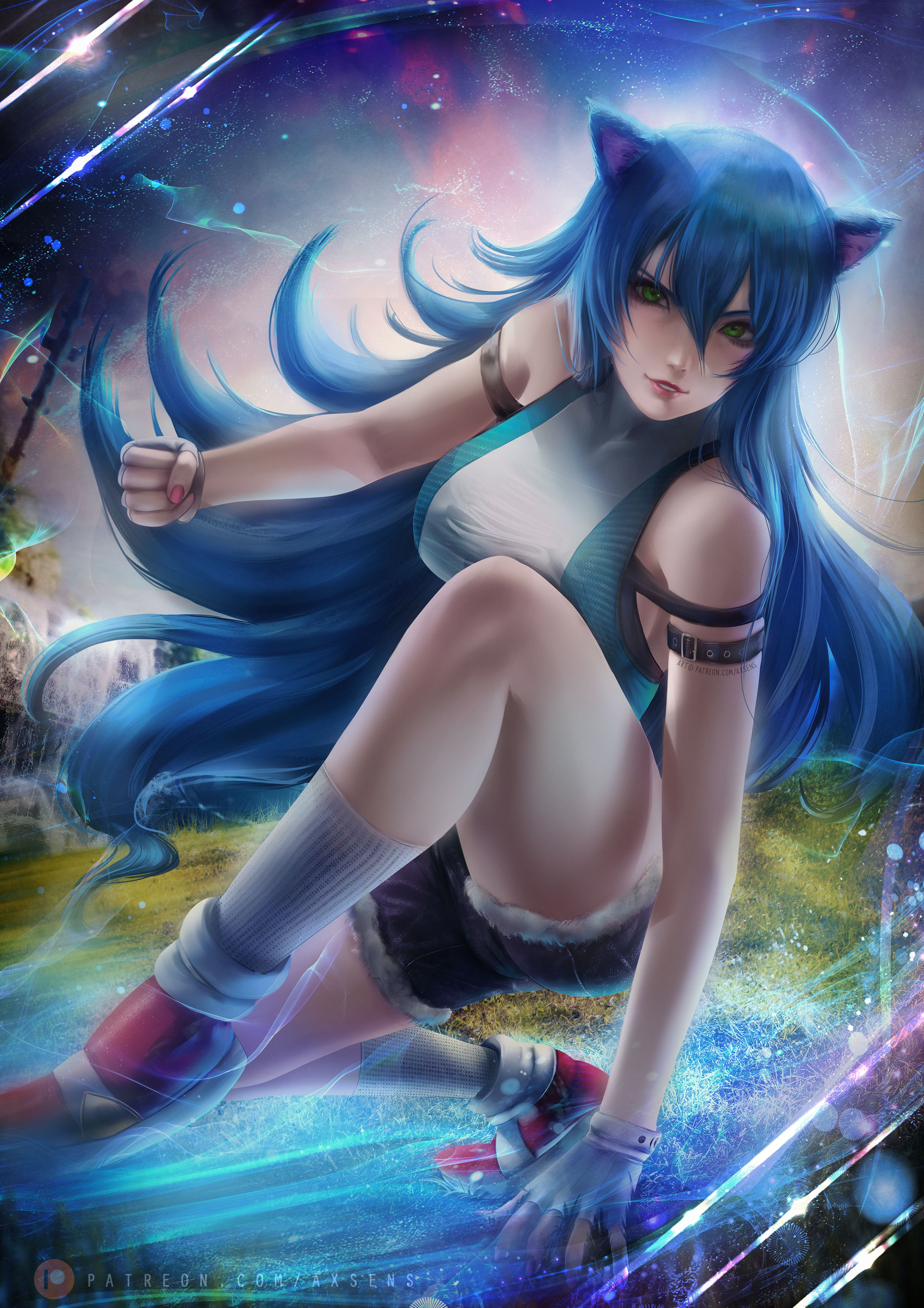 axsens, long hair, illustration, green eyes, portrait display, animal ears, Sonic, fingerless gloves, original characters, blue hair, 4K, digital art, Phone HD Wallpaper