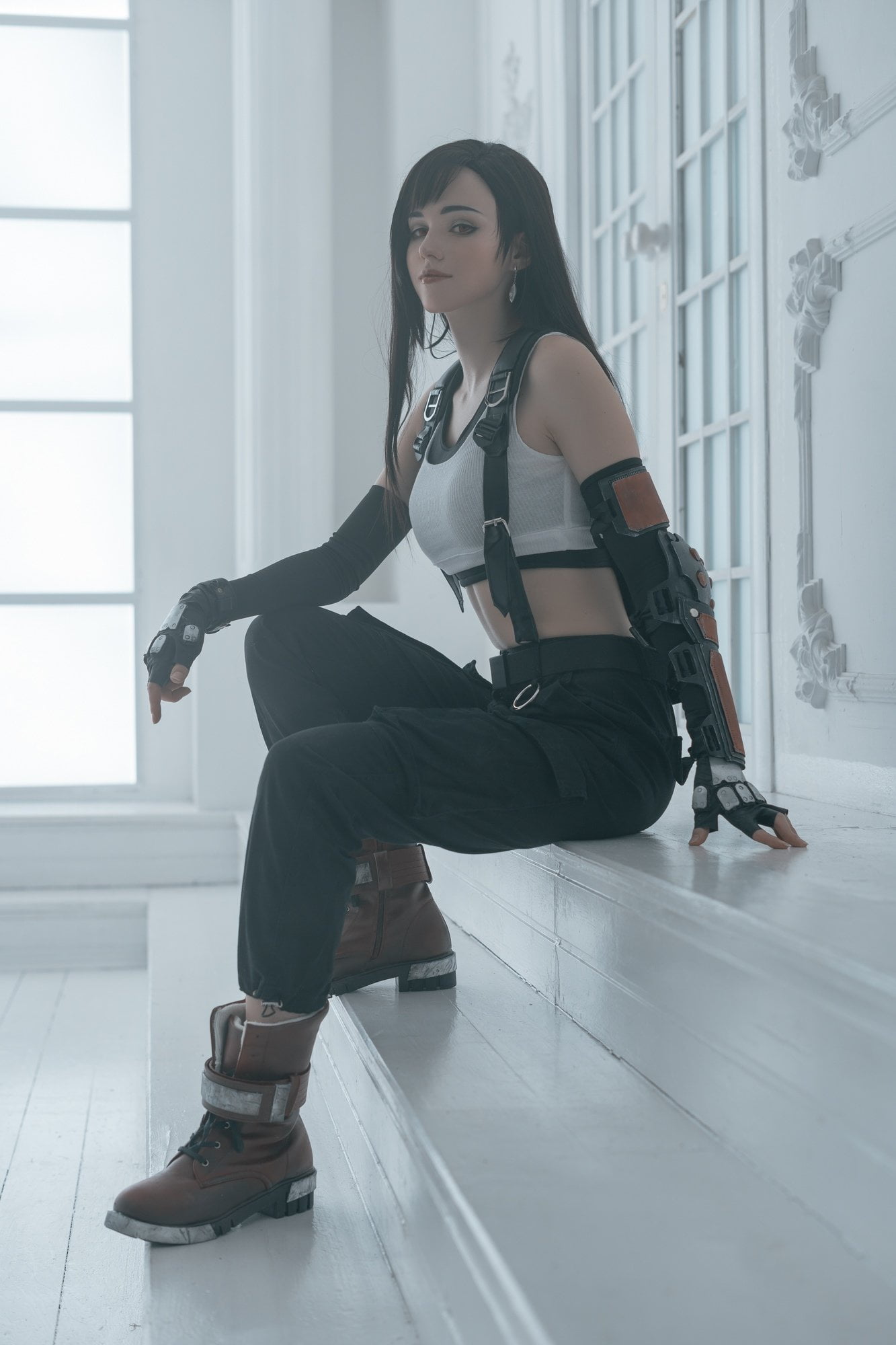 fingerless gloves, cosplay, video game characters, women, Shirogane Sama, model, 1080P, video games, Tifa Lockhart, black hair, Phone HD Wallpaper
