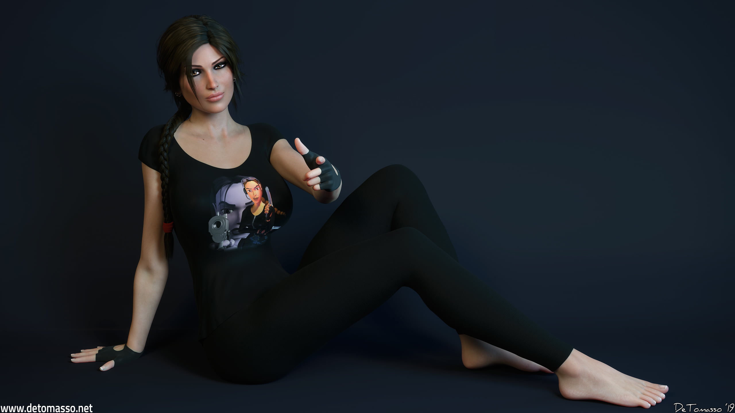 fingerless gloves, leggings, 2K, Lara Croft, DeTomasso, women, blue background, ponytail, braids, HD Wallpaper
