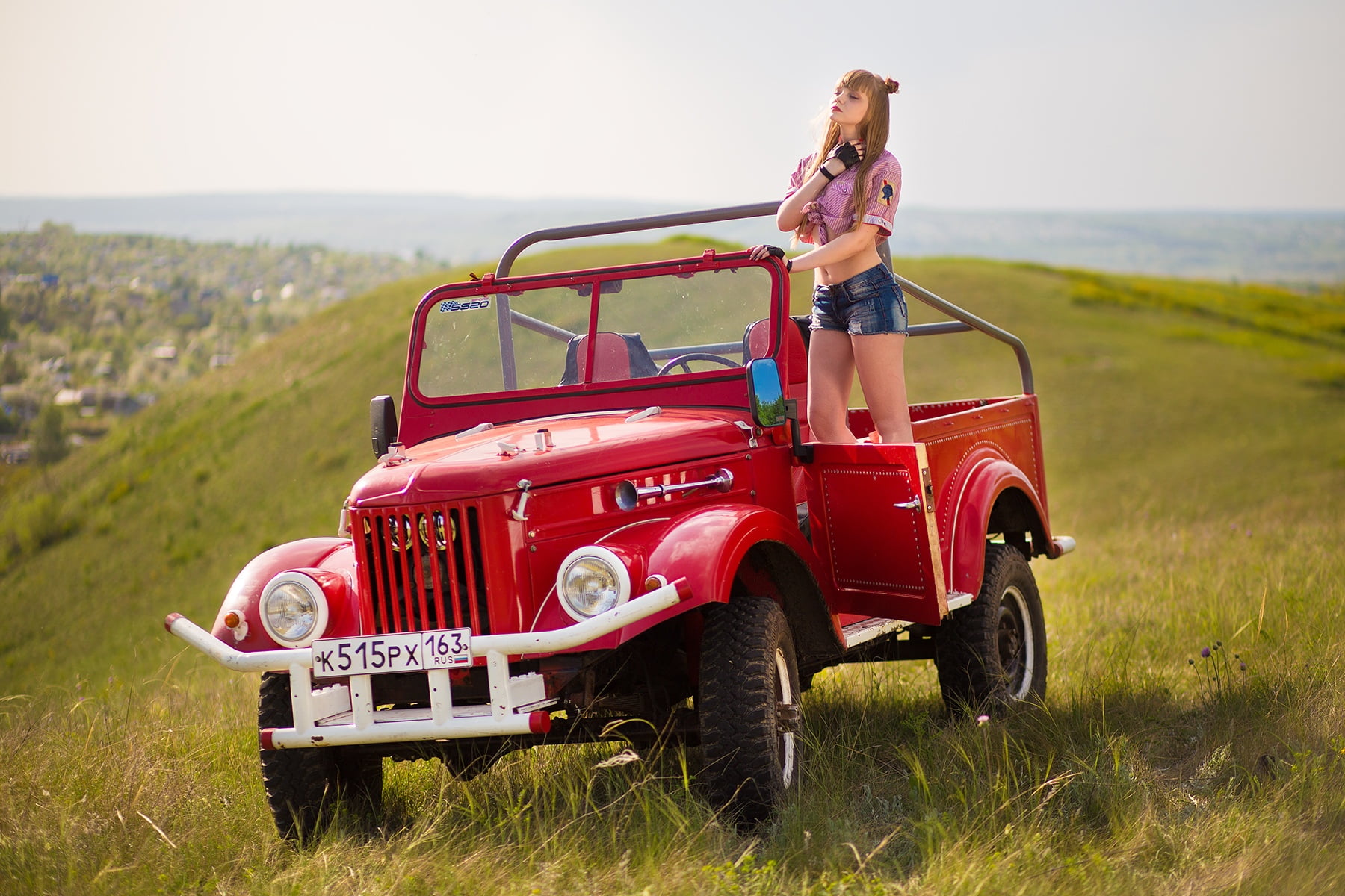 outdoors, sky, Aleksey Lozgachev, red lipstick, model, long hair, red cars, depth of field, blonde, women outdoors, belly, women with cars, fingerless gloves, HD Wallpaper