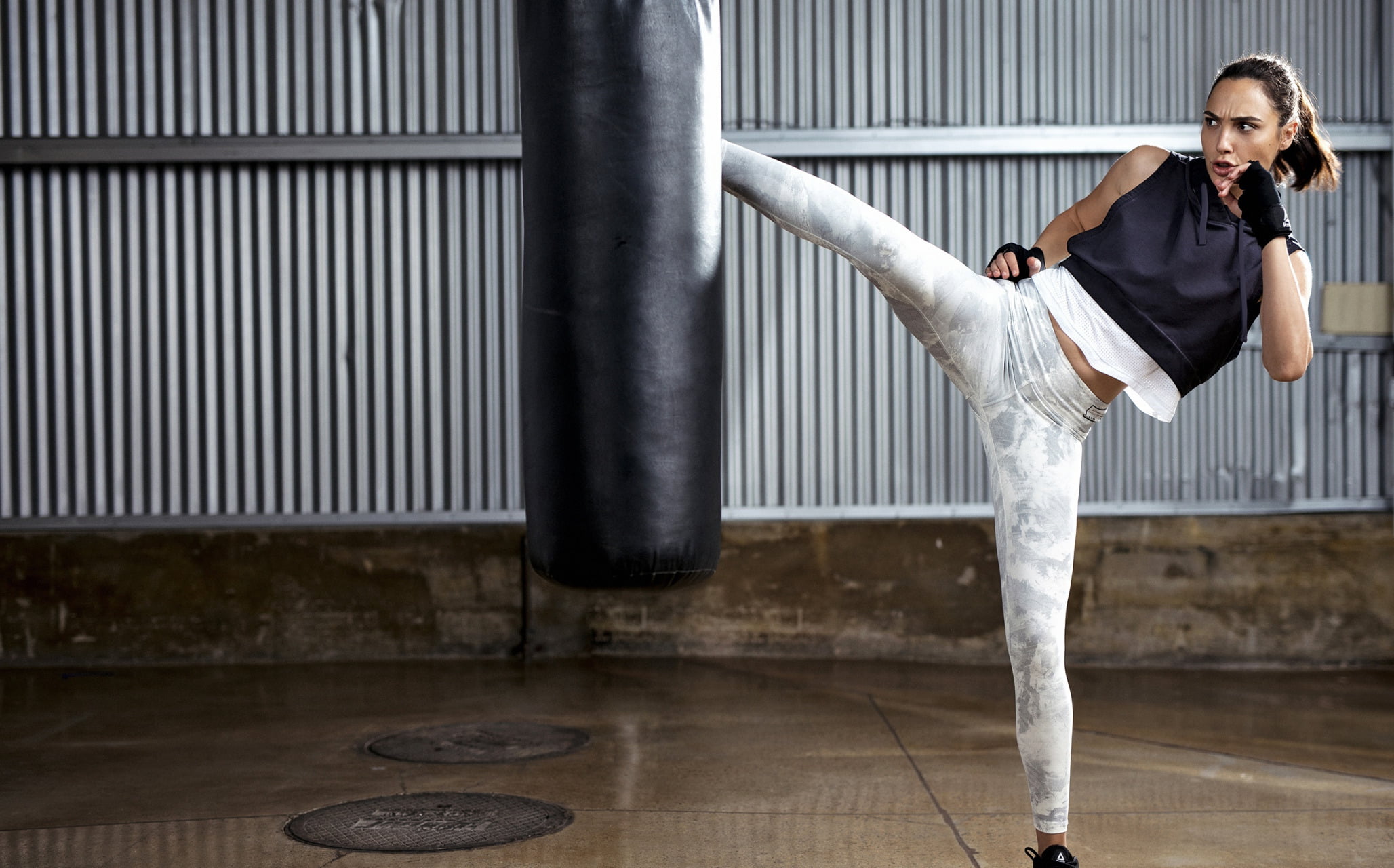 brunette, fitness model, women, women indoors, 1080P, white clothing, black gloves, black t-shirt, celebrity, Wonder Woman, ponytail, Gal Gadot, fingerless, HD Wallpaper