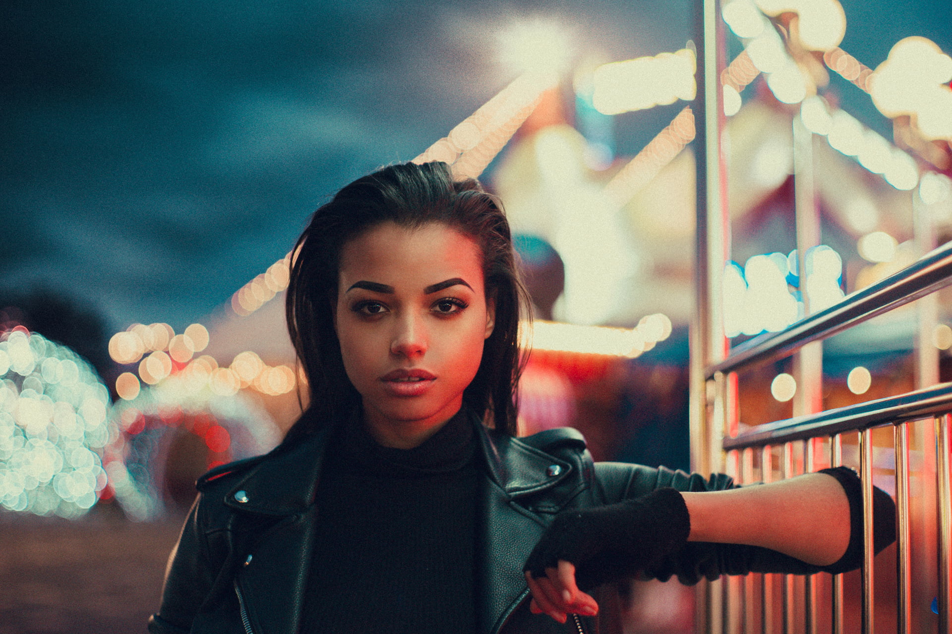 women, black jackets, ebony, fingerless gloves, women outdoors, leather jackets, actress, Ella Balinska, 1080P, dark hair, HD Wallpaper
