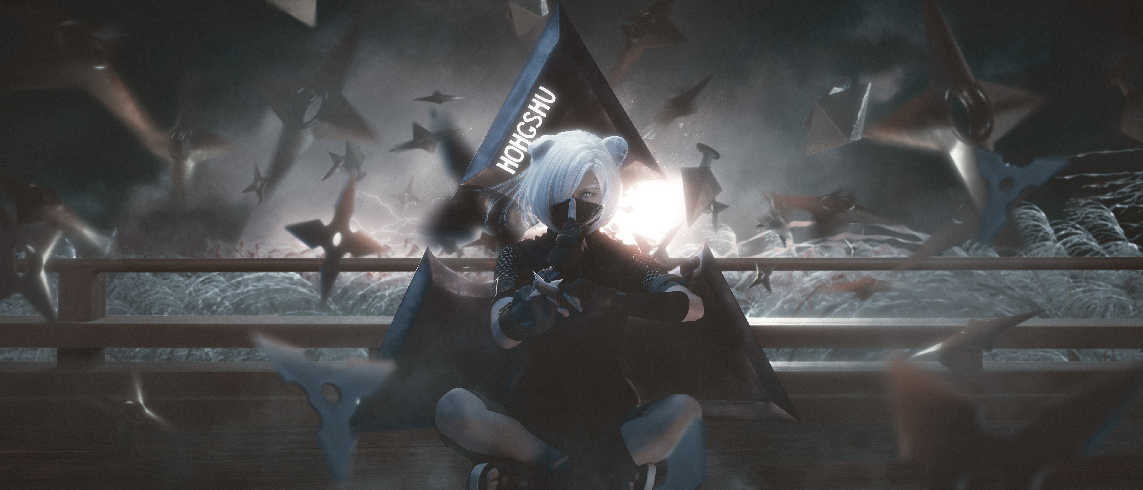 blonde, fan art, legs crossed, Shirayuki, blades, looking at viewer, women, fingerless gloves, mask, digital art, Kaz zzzz (Artist), ArtStation, sitting, HD Wallpaper