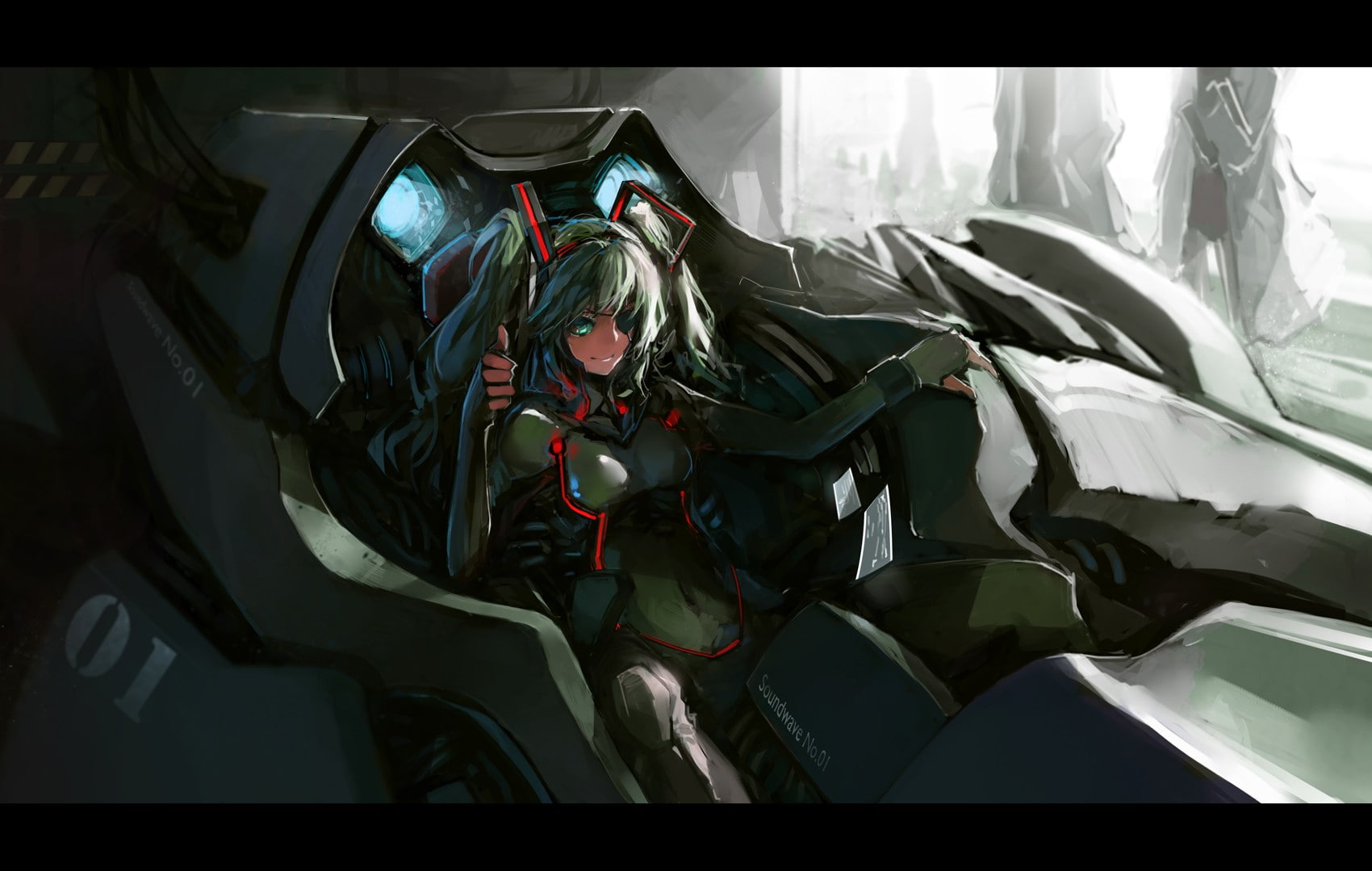 soft, hair, shading, bodysuits, bangs, vocaloid, green, miku, cockpit, girls, 720P, twintails, long, eyepatch, thumbs, ornaments, gloves, eyes, fingerless, HD Wallpaper