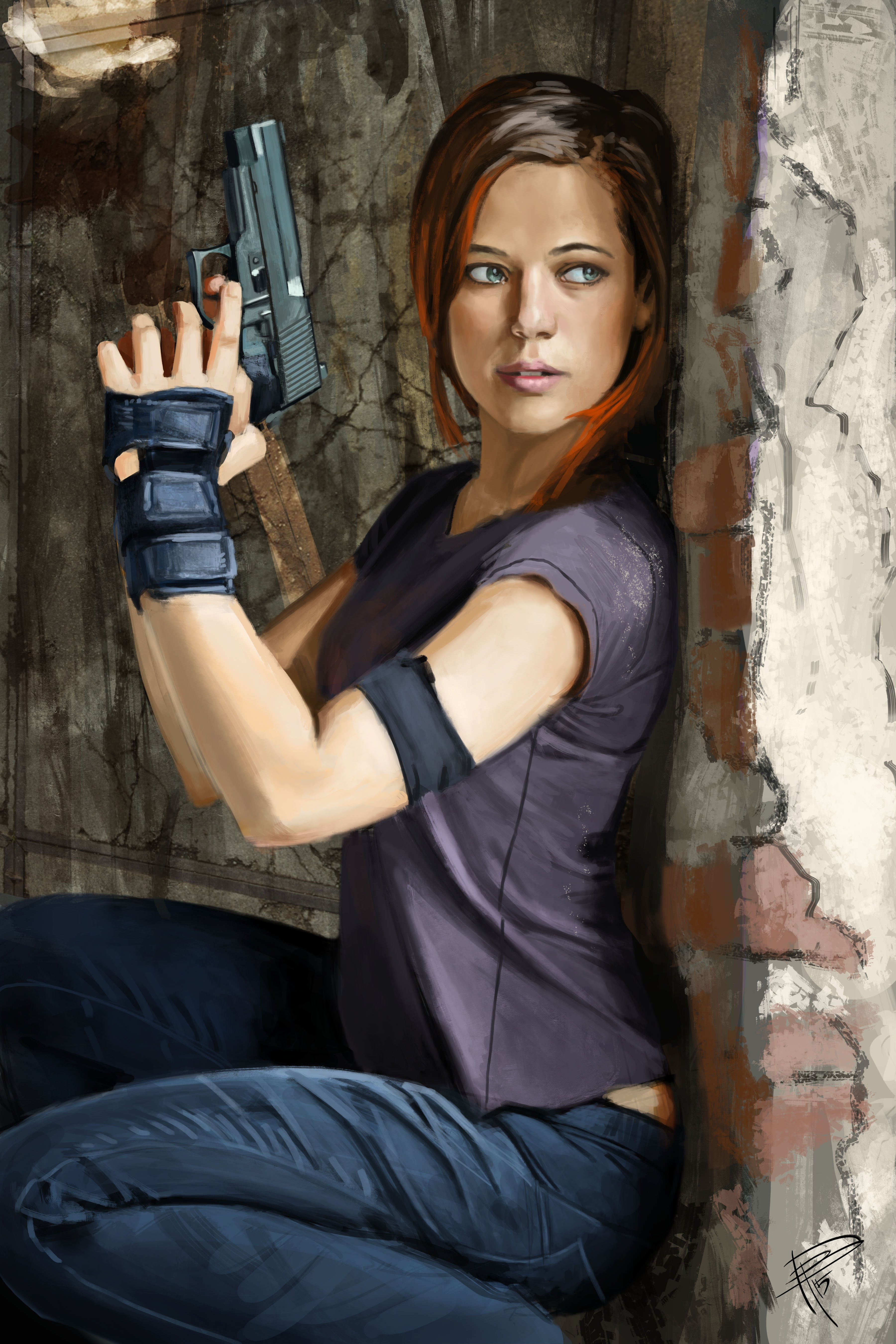 young woman, girls with guns, artwork, fingerless gloves, fan art, portrait display, T-shirt, black gloves, digital art, ArtStation, 5K, digital painting, Phone HD Wallpaper