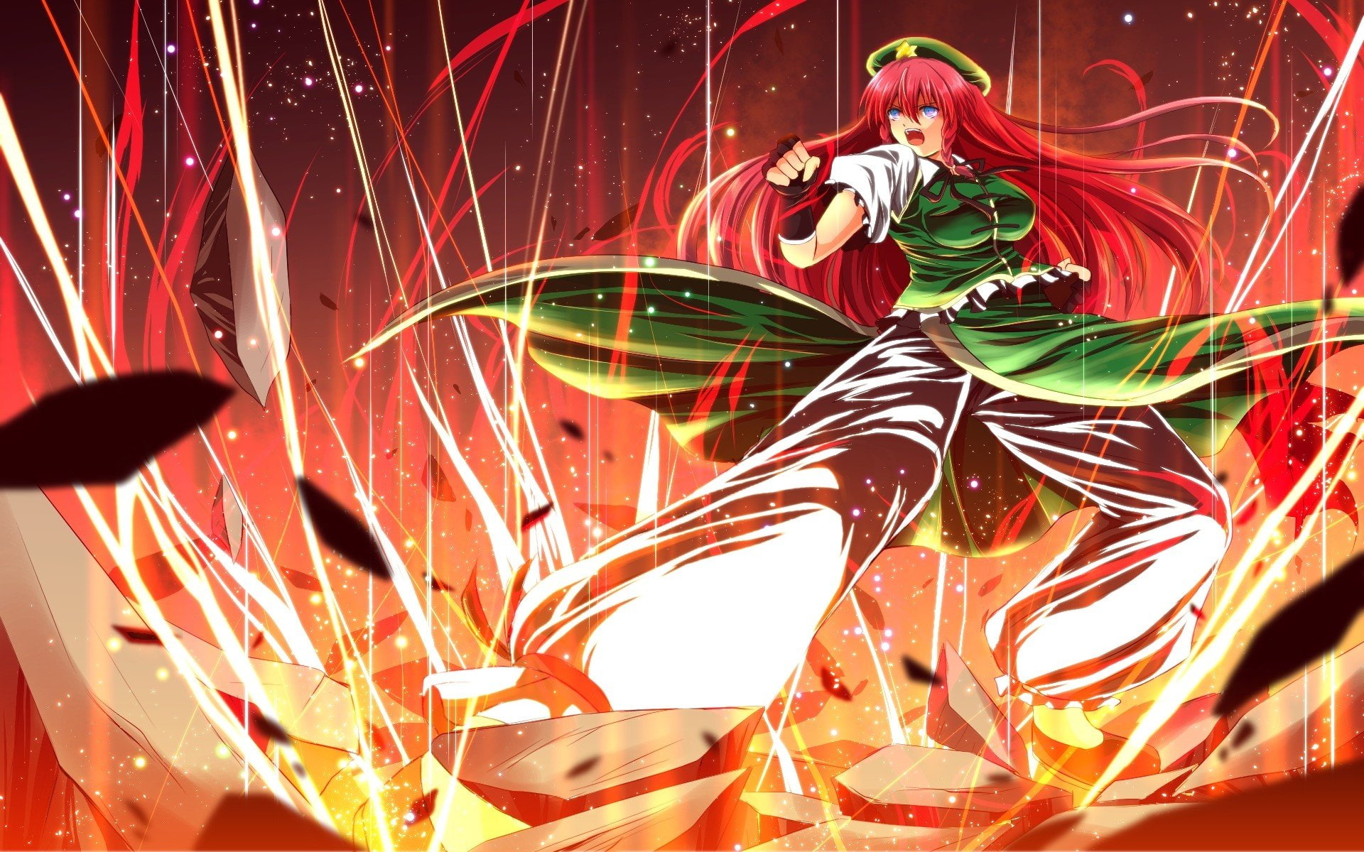 girls, redheads, stones, chinese, hats, clothes, black, eyes, ornaments, long, pants, action, green, fingerless, ribbons, lightning, meiling, fighting, HD Wallpaper