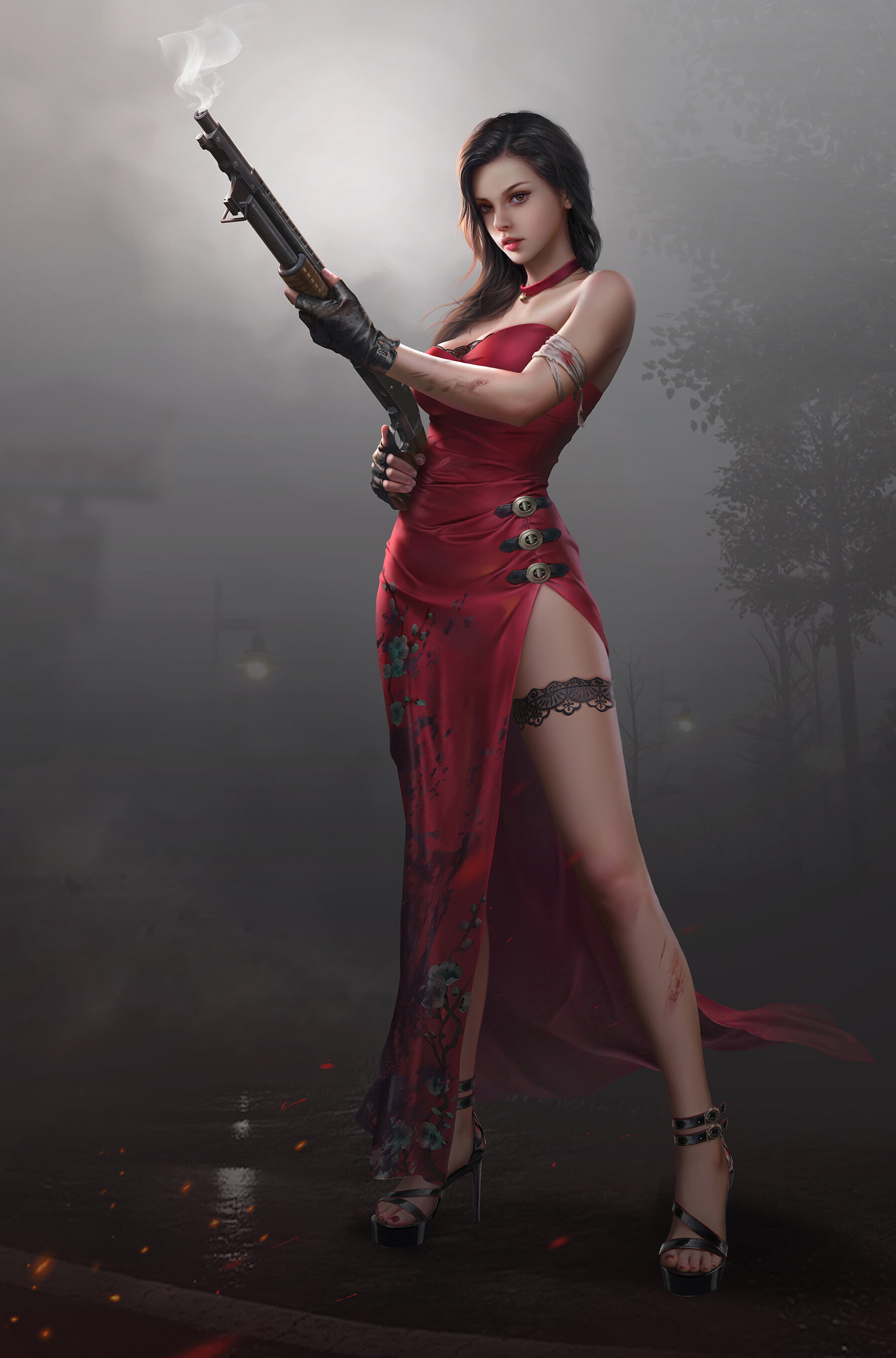 standing, wounds, women, 2K, dark hair, girls with guns, black heels, fingerless gloves, legs, heels, ArtStation, dress, choker, red dress, Phone HD Wallpaper