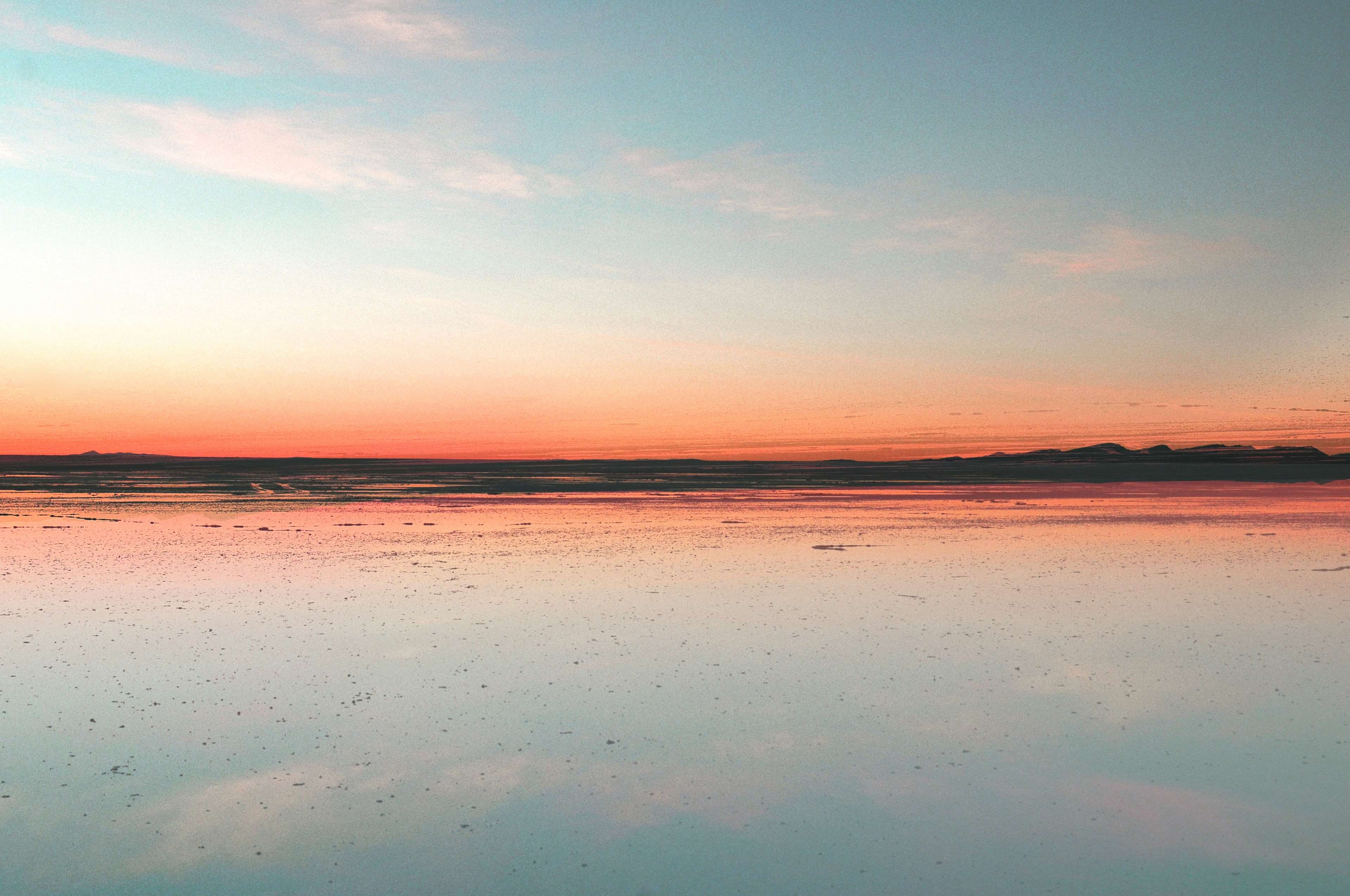 deser, salar, lagoon, sky, environment, beauty in nature, salt flat, orange color, idyllic, sea, cloud - sky, outdoors, dramatic sky, no people, water, HD Wallpaper