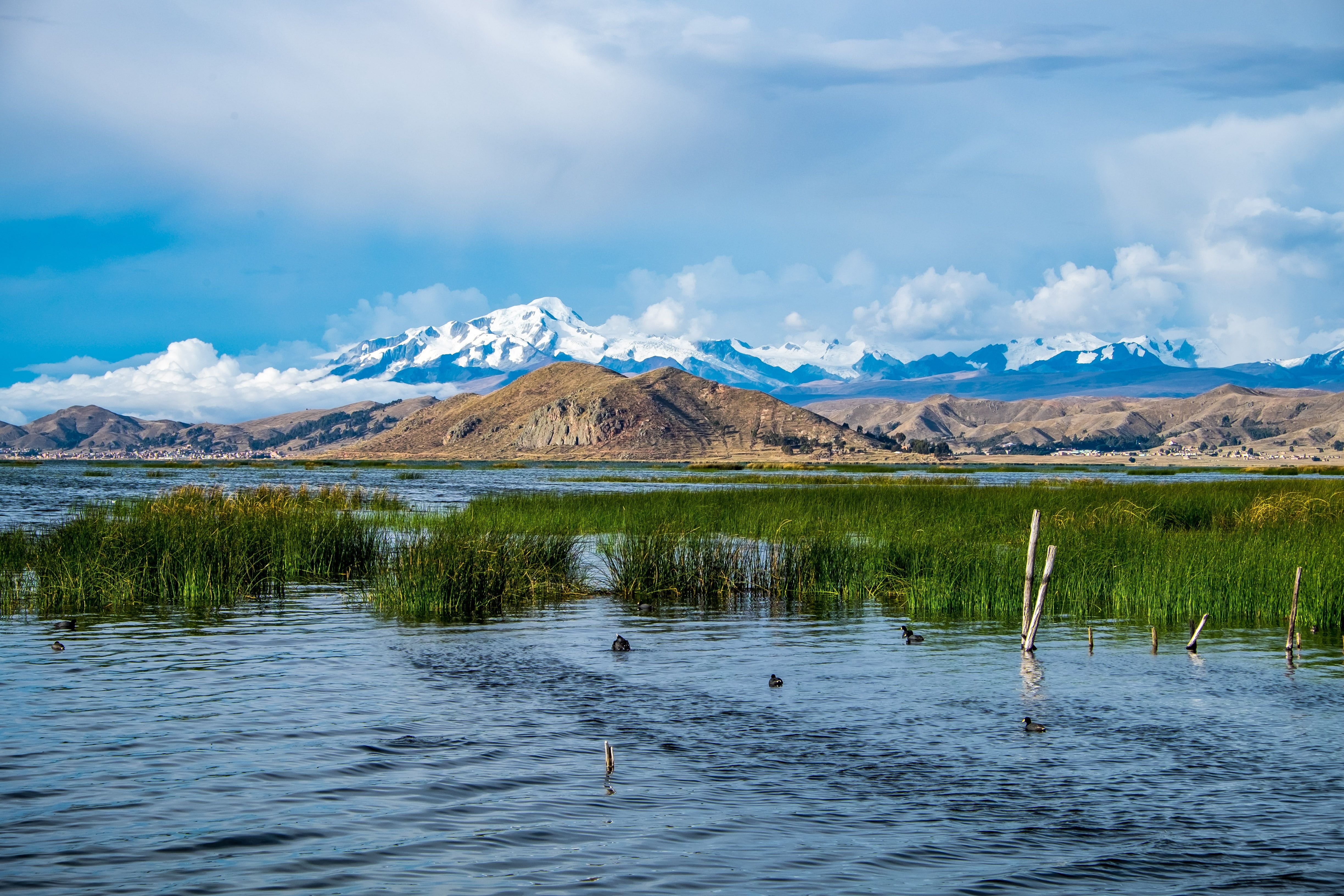 lake titicaca, mountain range, tranquility, scenics - nature, tranquil scene, cloud - sky, cloudy, reflection, sky, beauty in nature, landscape, 4K, mountain peak, HD Wallpaper