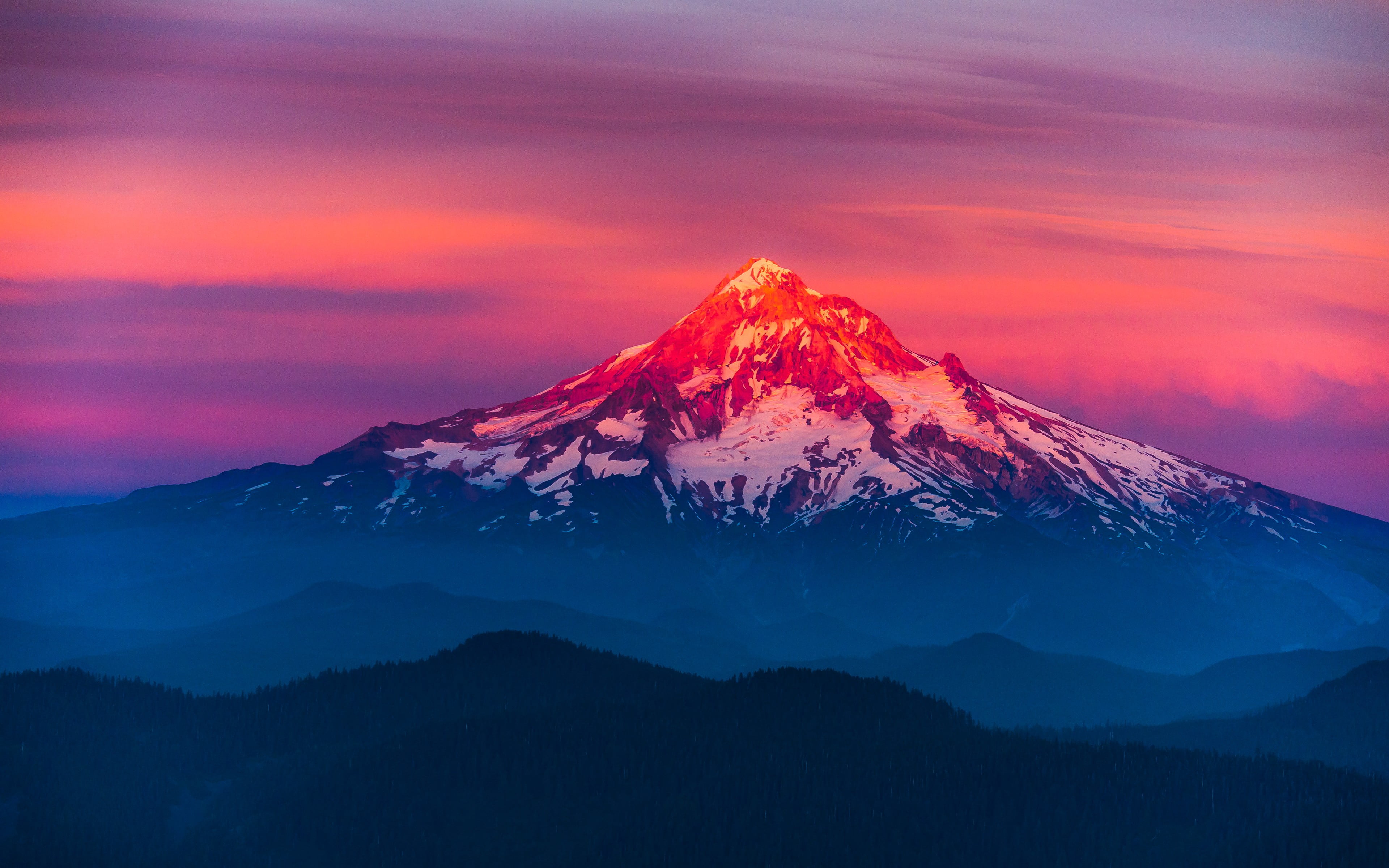 idyllic, winter, landscape, purple, 4K, sunset, cloud - sky, sky, snow, larch mountain, no people, mountain peak, white, brown, Mount Hood, mountain range, HD Wallpaper