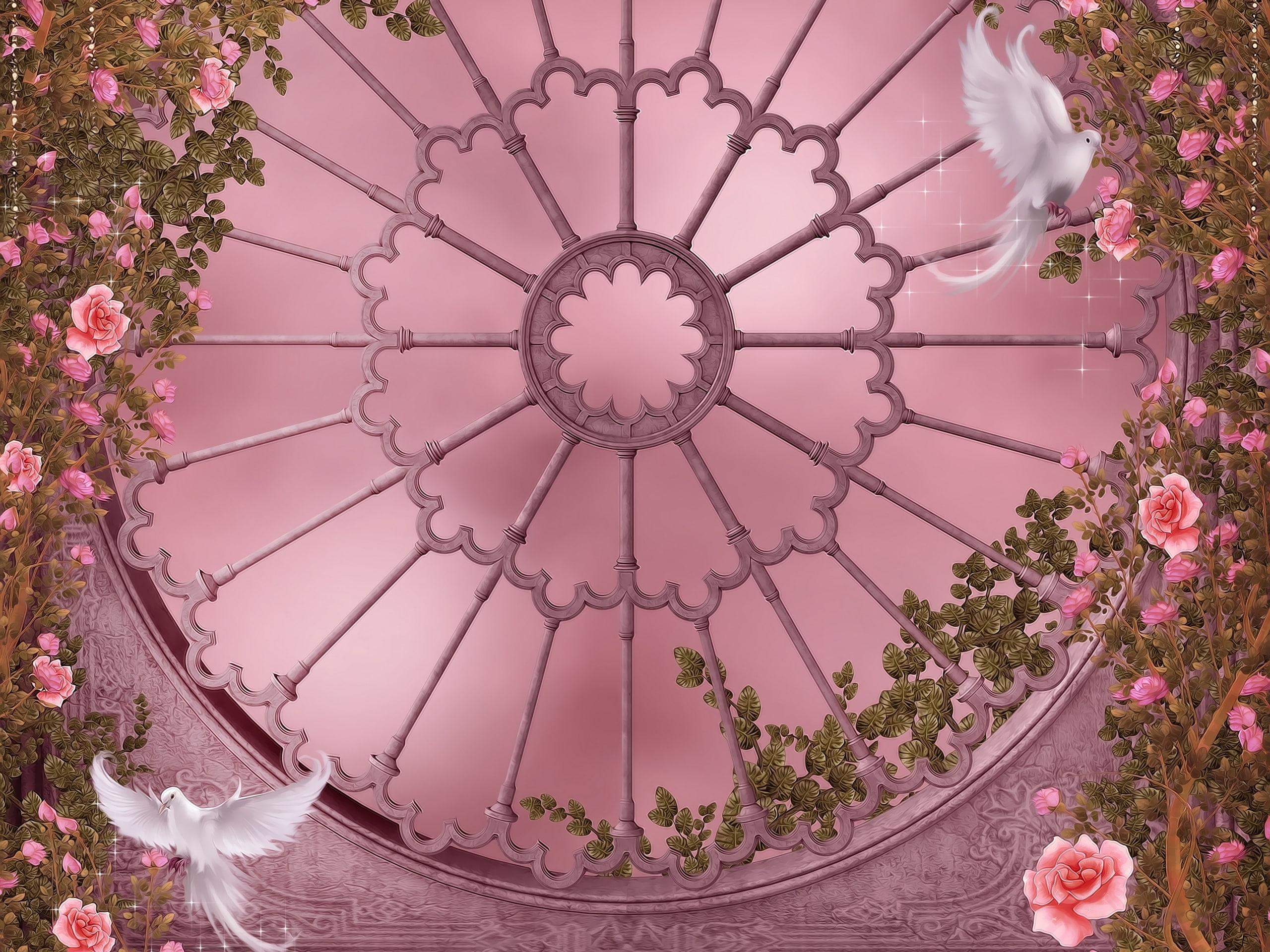 architecture, pigeons, flower, flower head, growth, nature, plant, flowering plant, pink color, two, pigeon, pattern, no people, built structure, window, HD Wallpaper