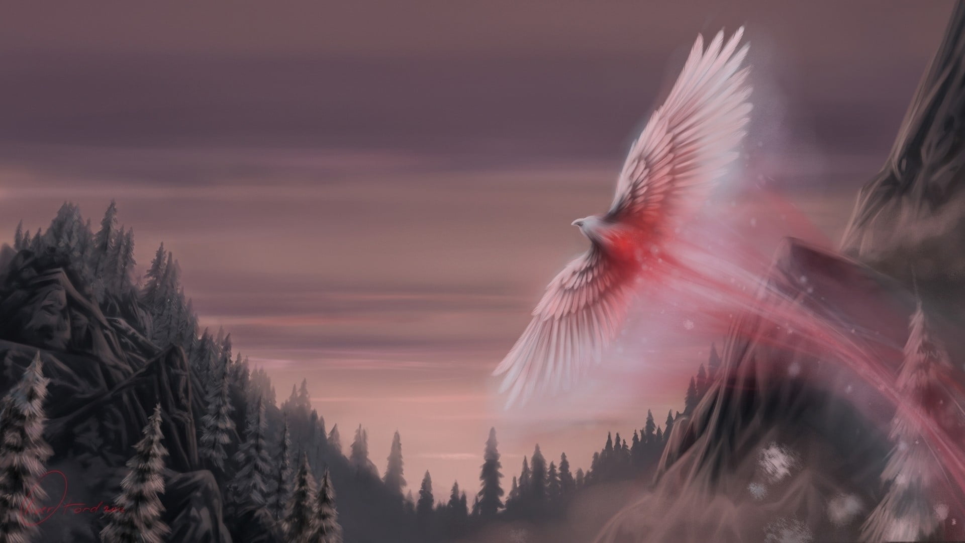 vertebrate, tree, no people, sky, fantasy art, beauty in nature, flapping, one animal, animal, motion, painting, spread wings, cloud - sky, bird, red, trees, HD Wallpaper