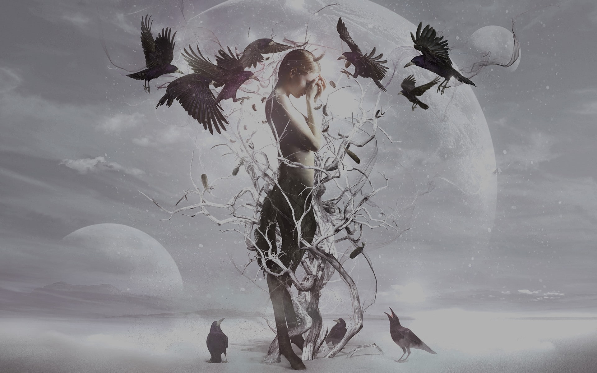 mid-air, motion, 1080P, flying, animals in the wild, digital composite, fantasy girl, plant, outdoors, fantasy art, nature, beauty in nature, bird, tree, HD Wallpaper